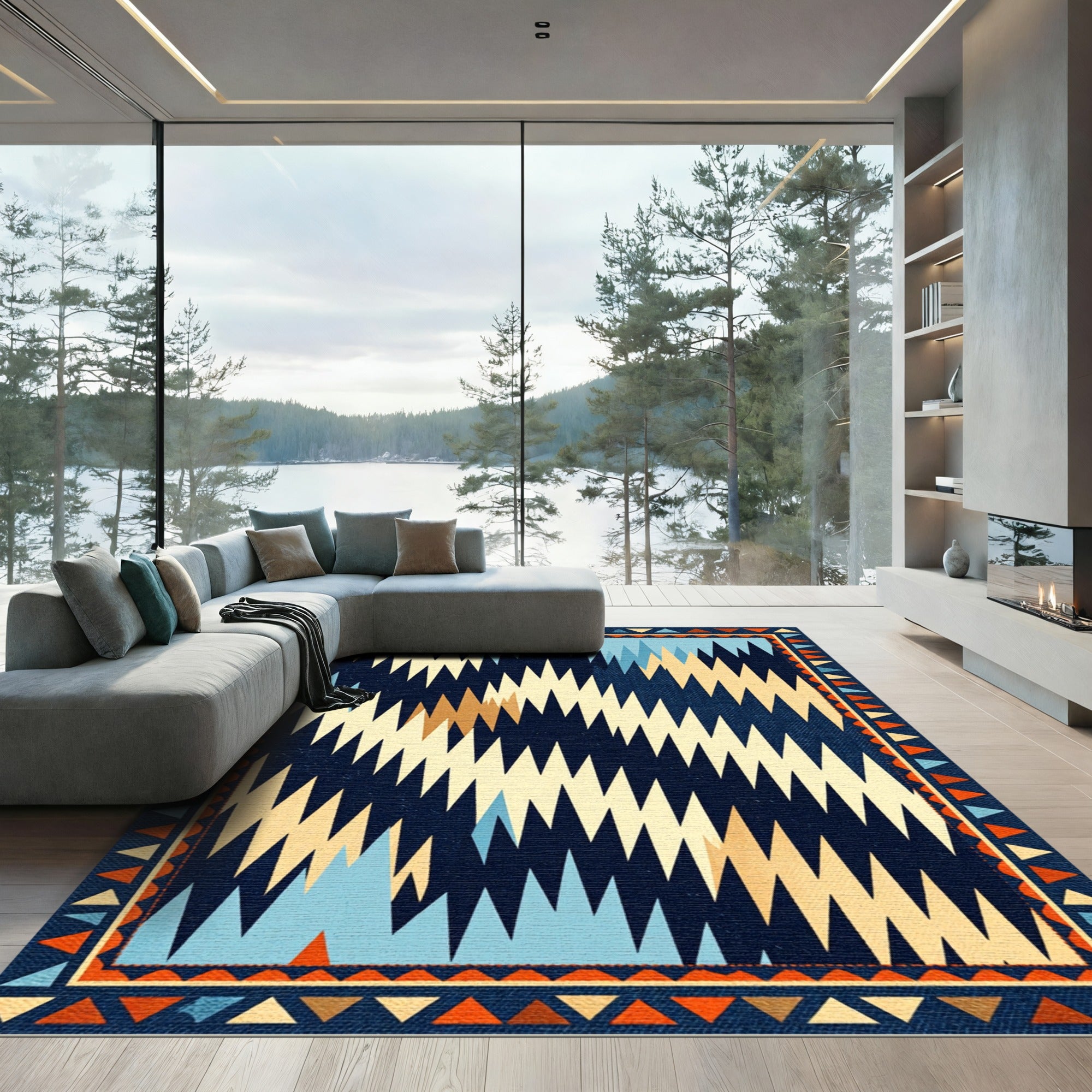 Abstract Jagged Tribal Navy Rug