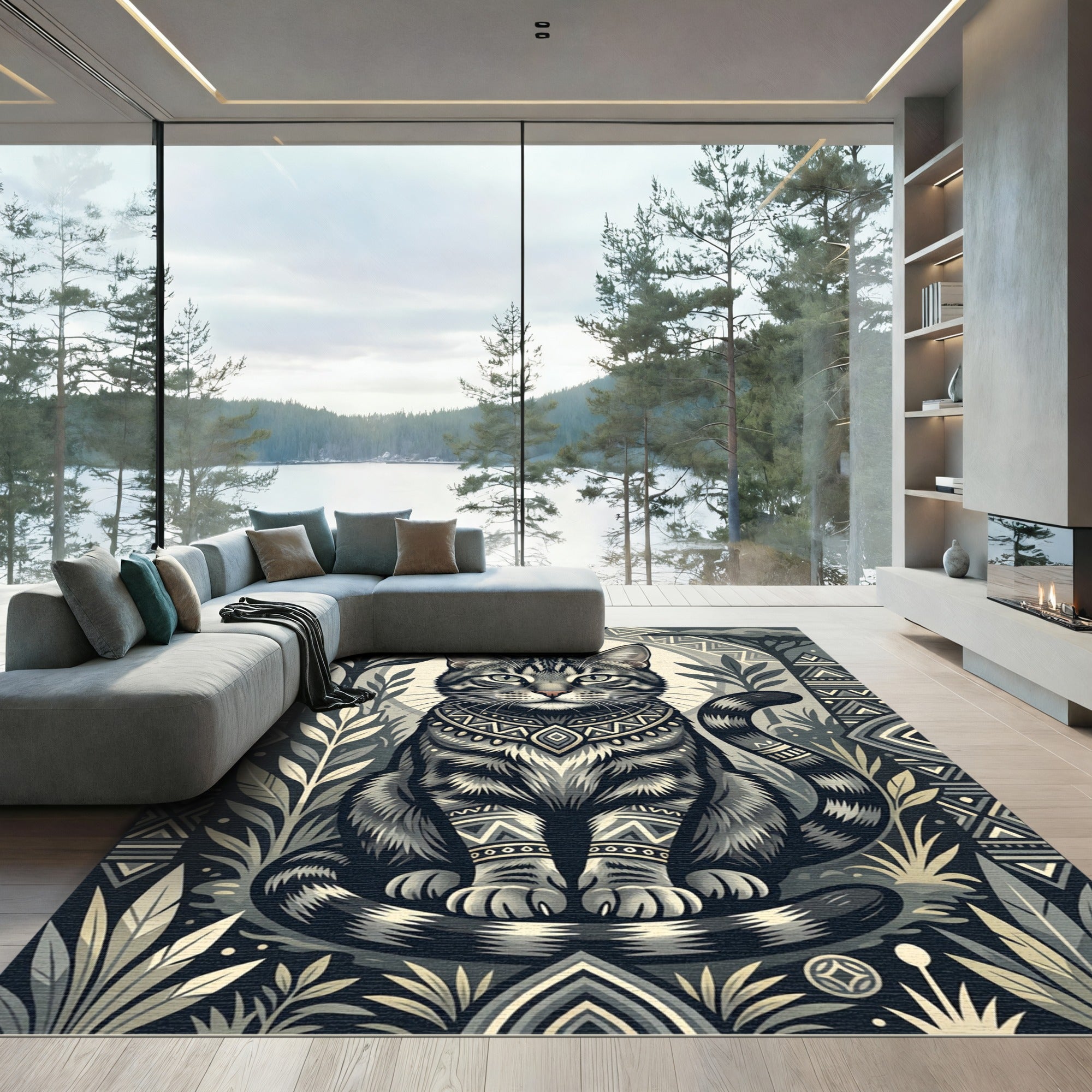Earthy Monochrome Tabby Cat Jungle Ruin Rug