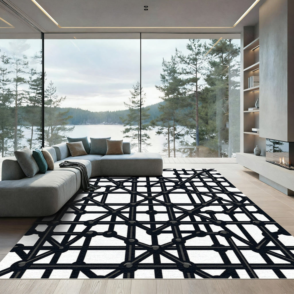 Bold Black Geometric Network Rug