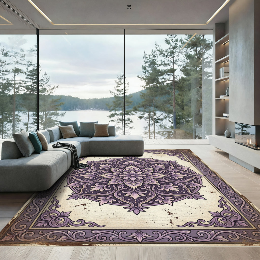 Ornate Purple Floral Damask Medallion Rug