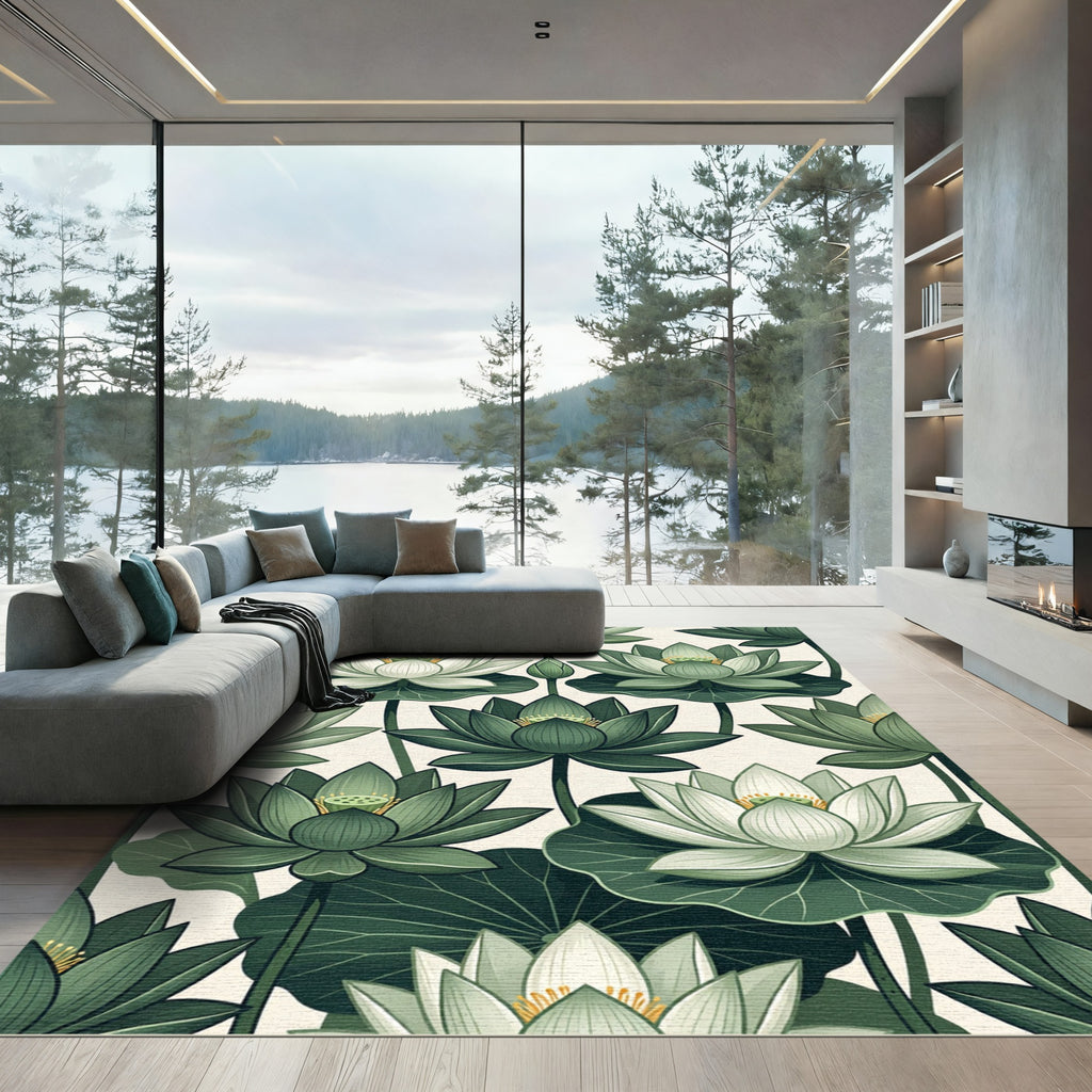 Botanical Sage Green Lotus Water Lily Rug