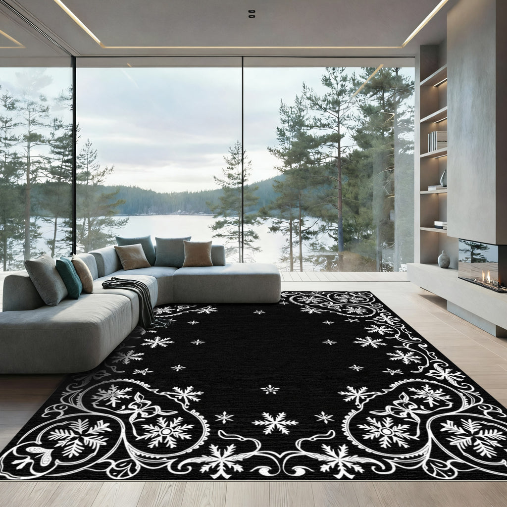 Winter White Snowflake Floral Frame Rug