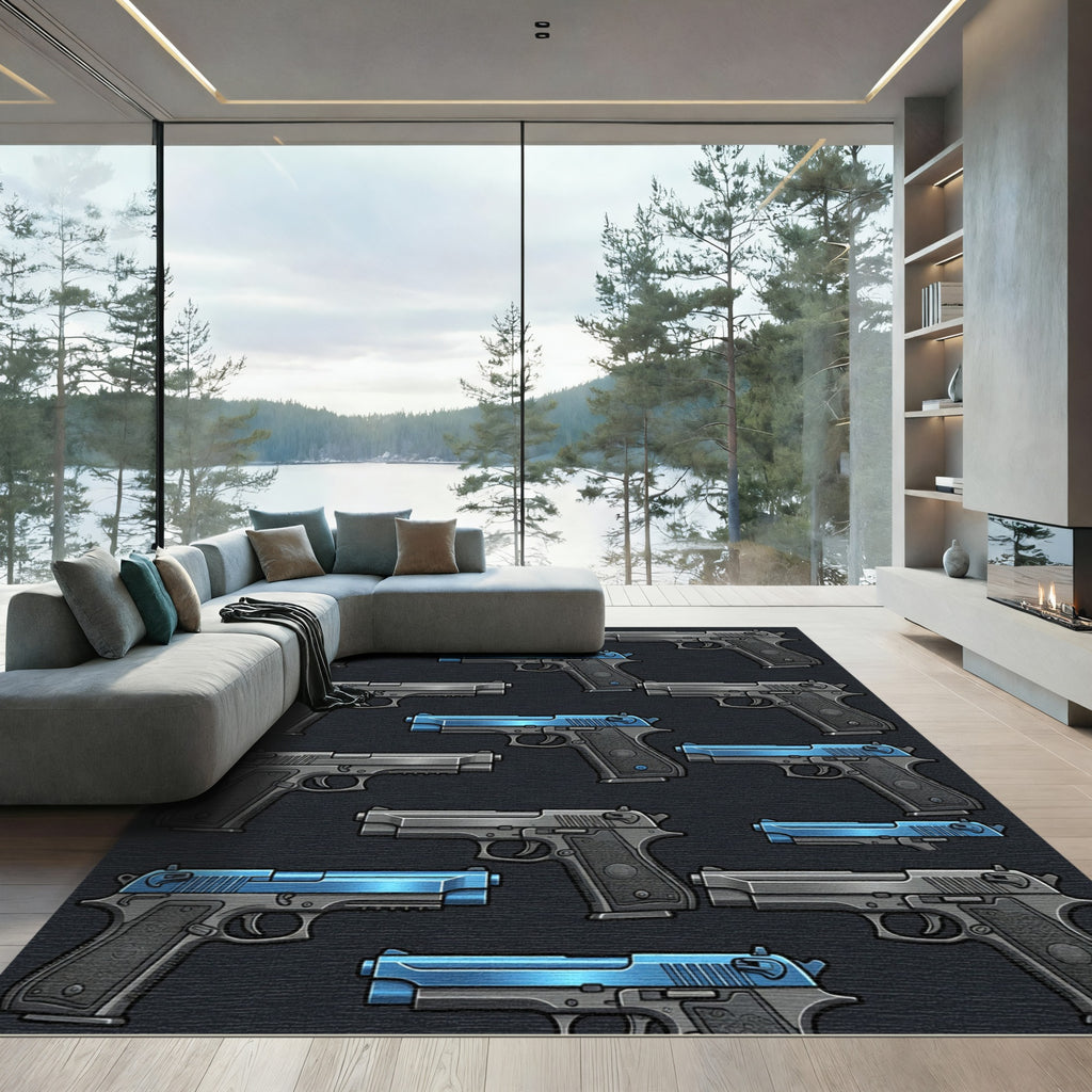 Modern Steel and Cobalt Handgun Arrangement Rug