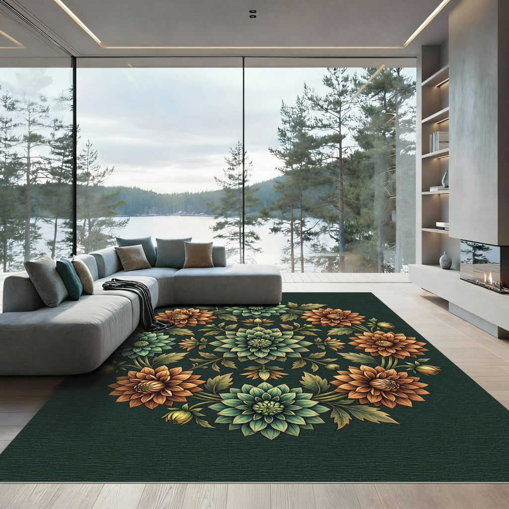 Emerald and Copper Floral Medallion Rug