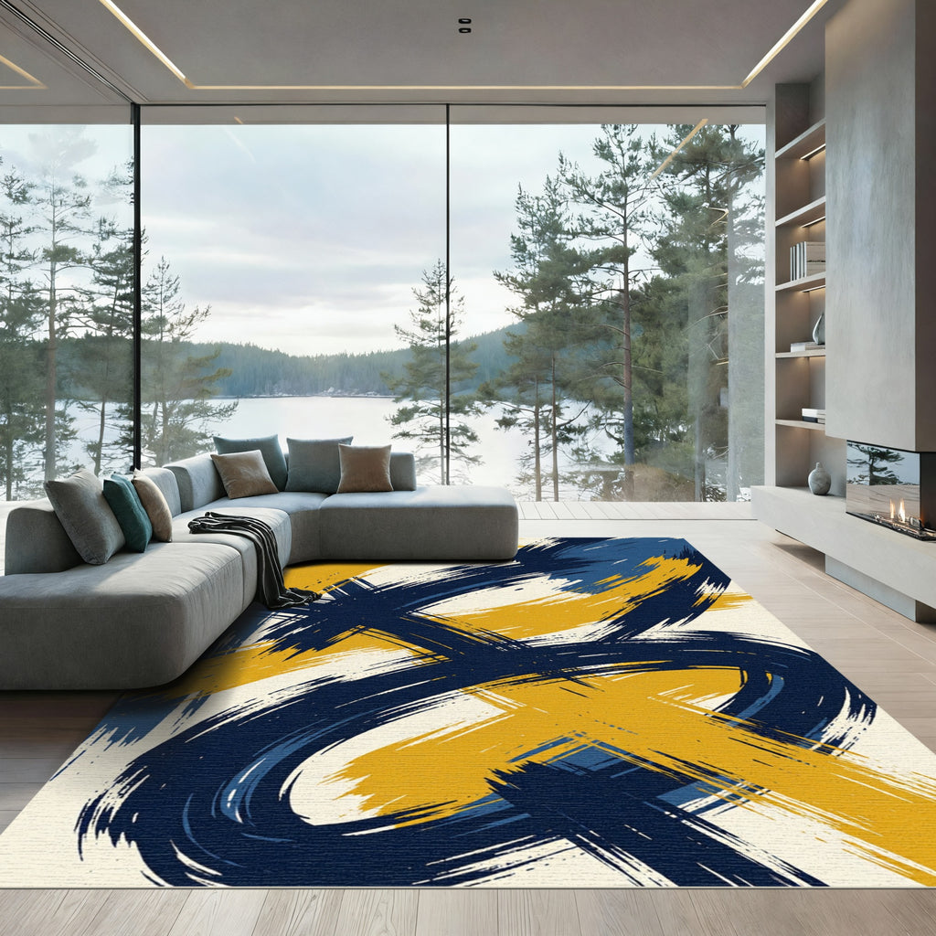 Modern Navy and Gold Abstract Stroke Rug