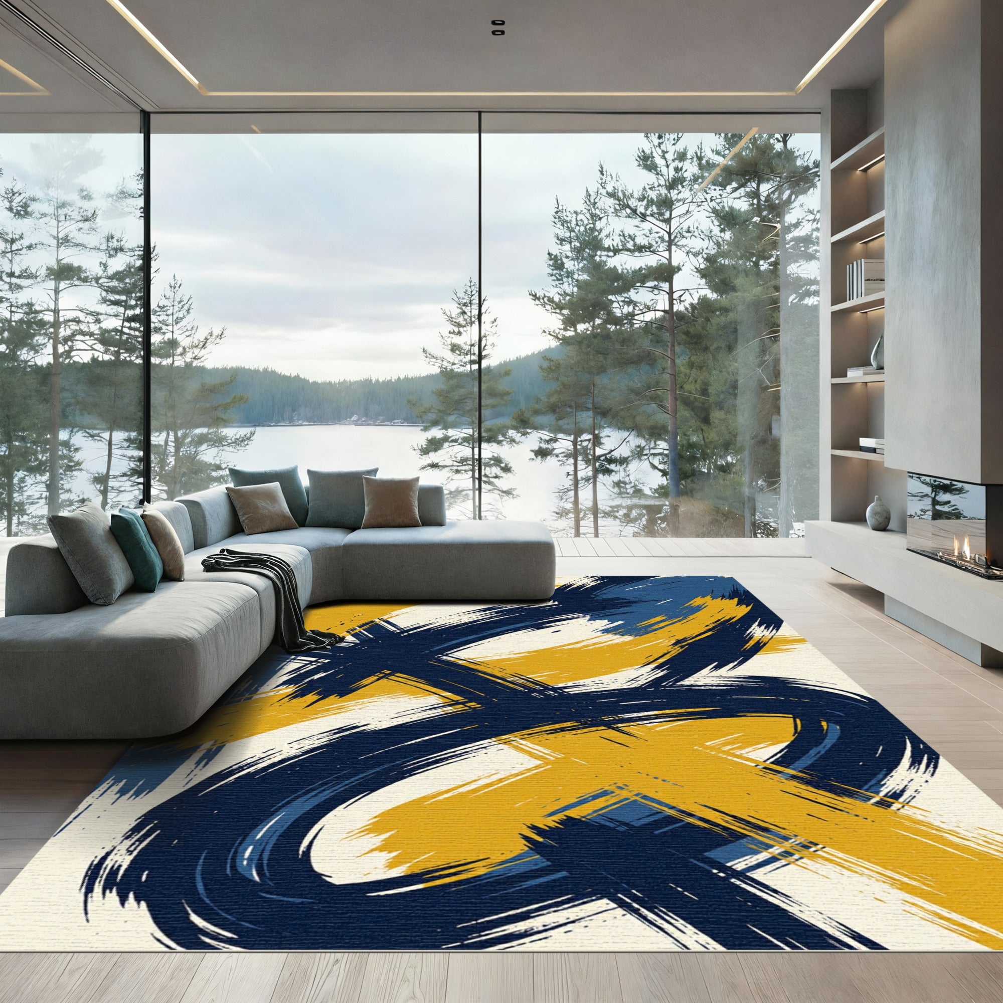 Modern Navy and Gold Abstract Stroke Rug