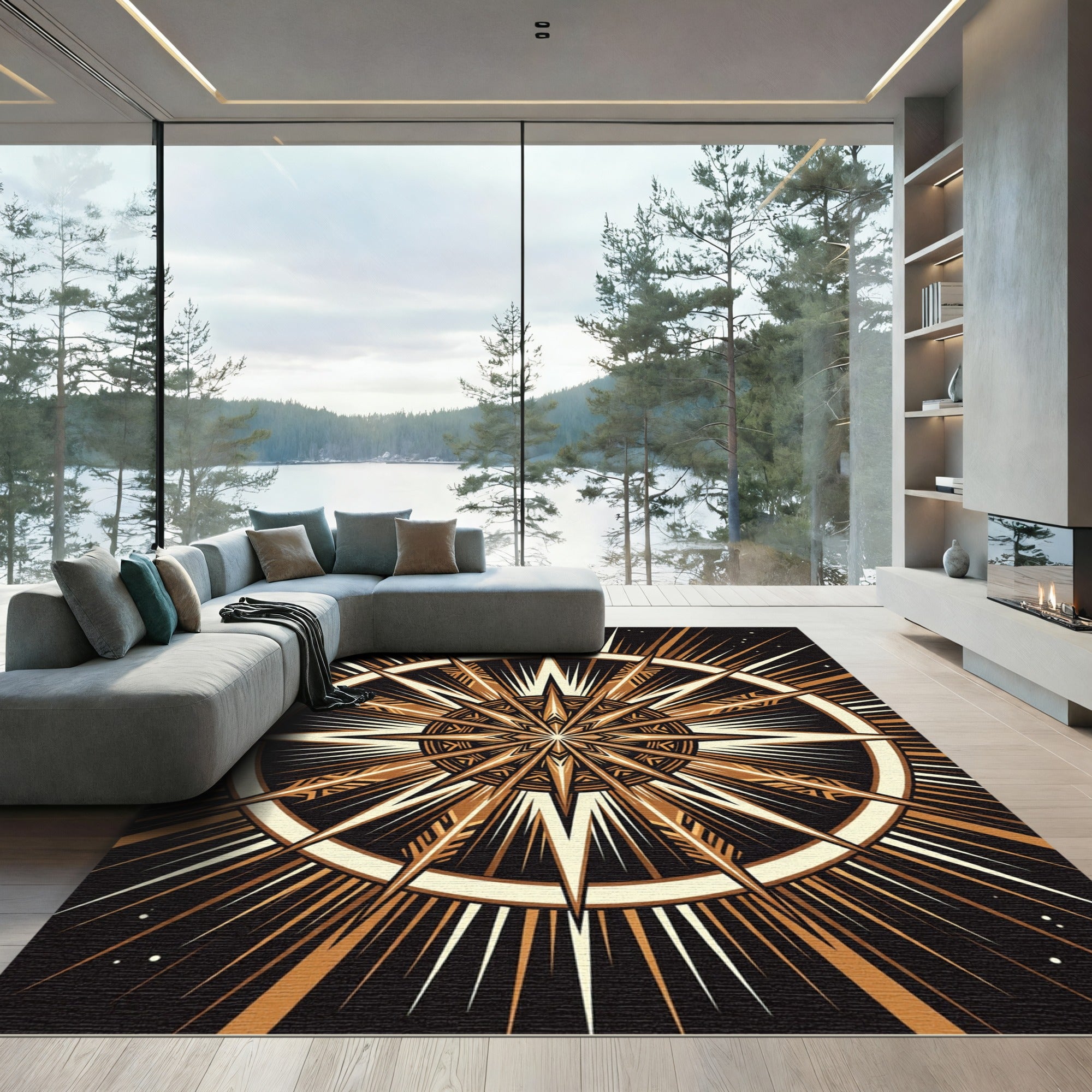 Celestial Golden Starburst Geometric Rug