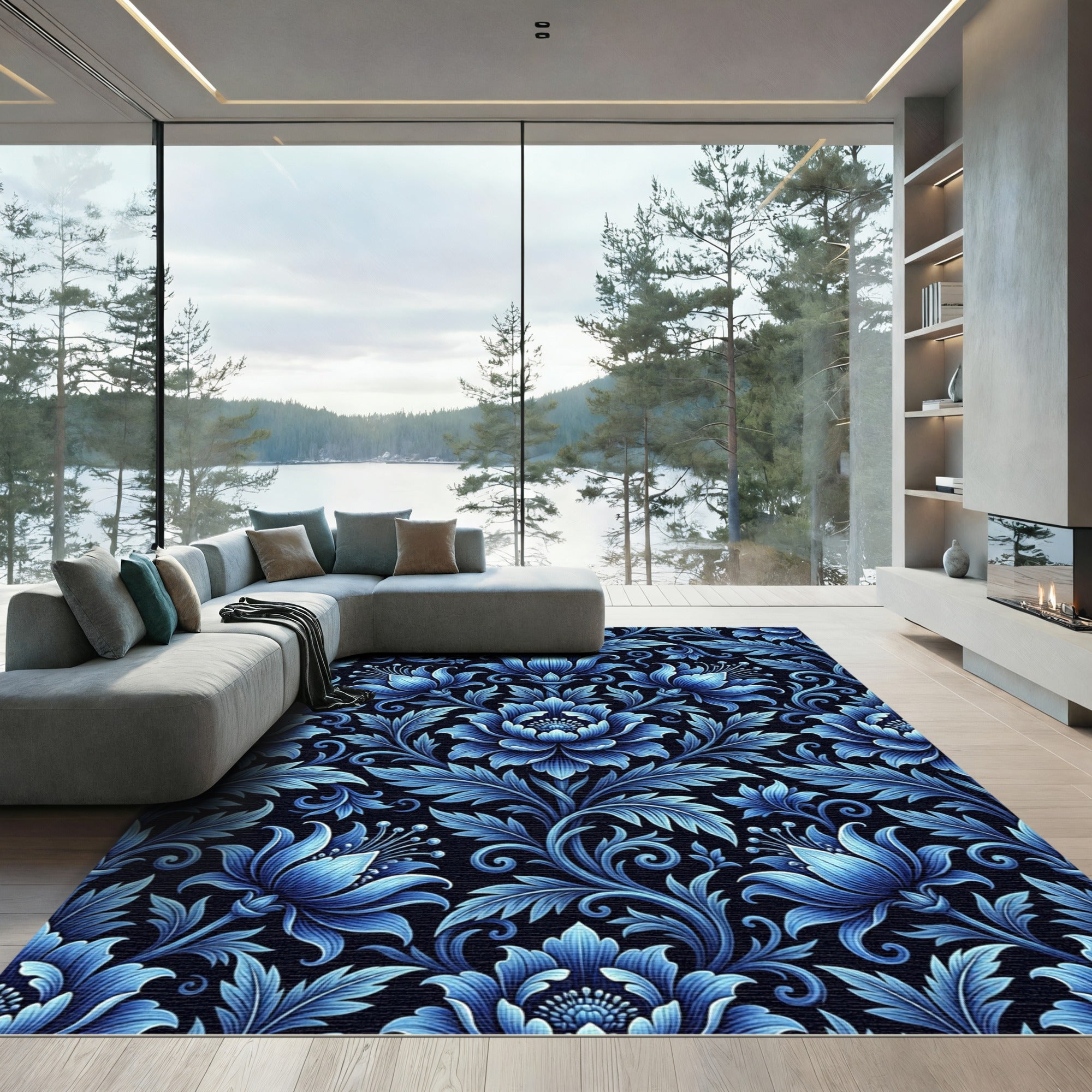 Deep Blue Floral Art Nouveau Rug