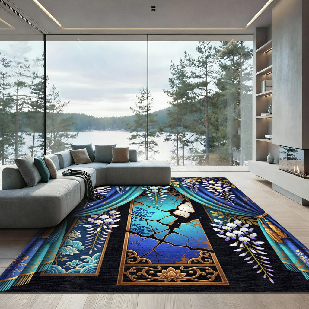 Rich Blue Wisteria Golden Foliage Tassels Rug