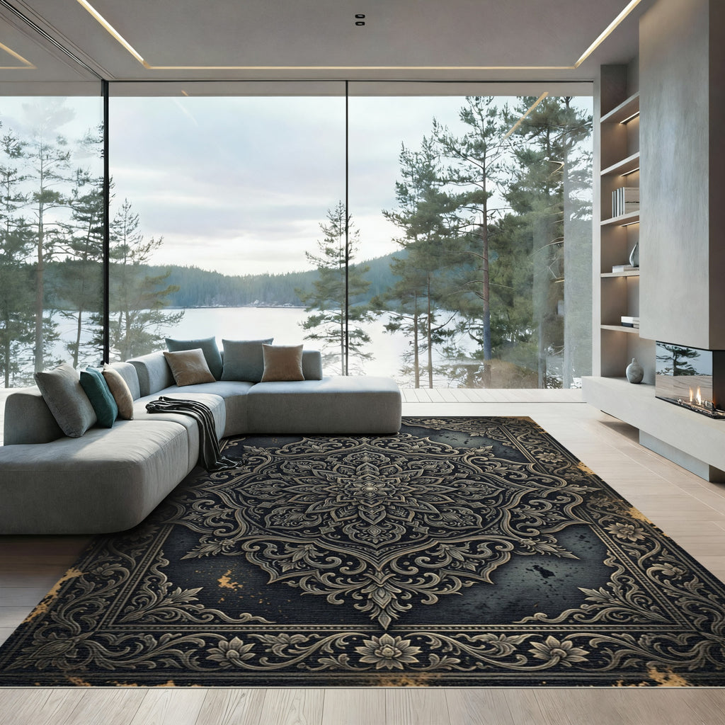 Ornate Charcoal Silver Floral Damask Rug
