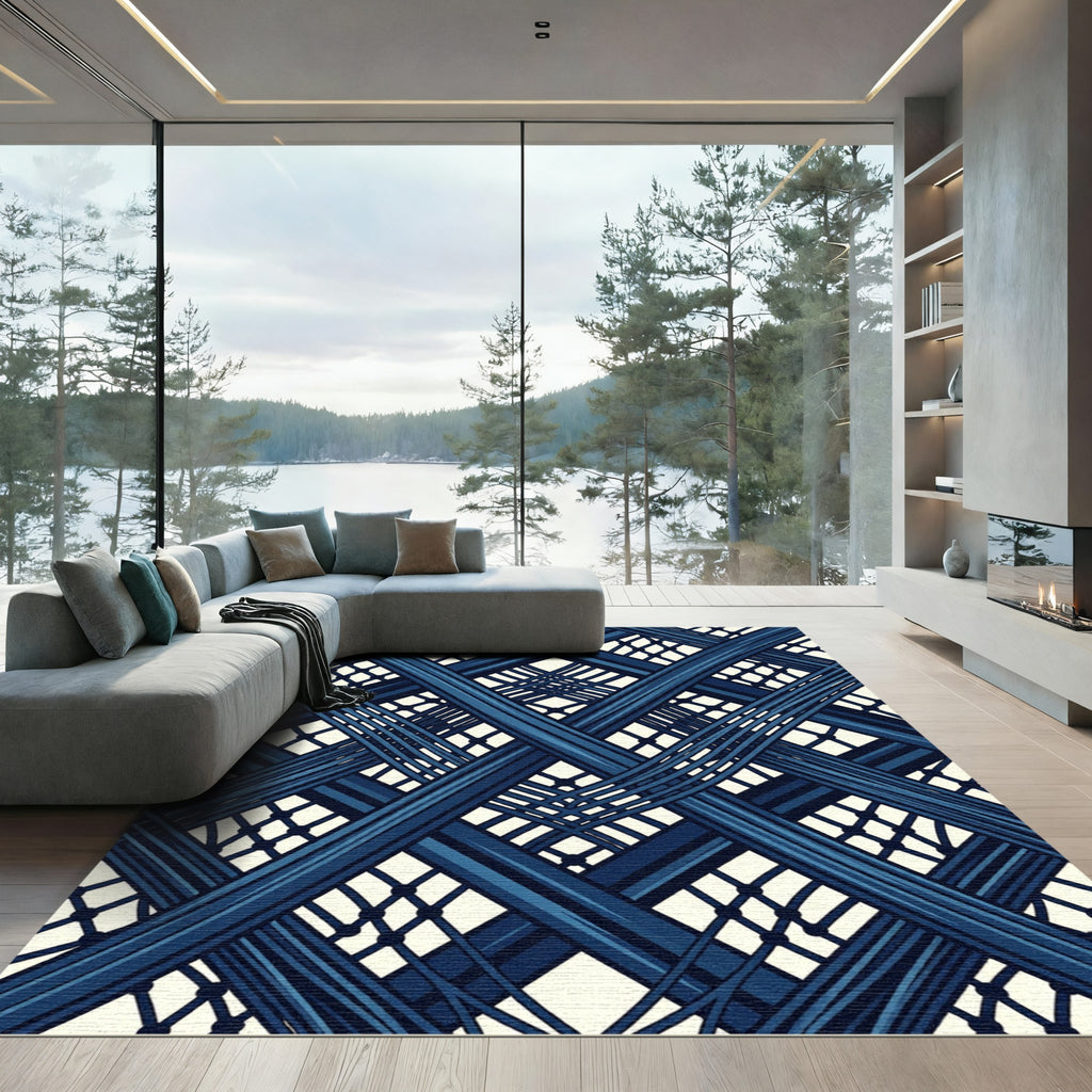 Indigo Blue Geometric Interwoven Lattice Rug
