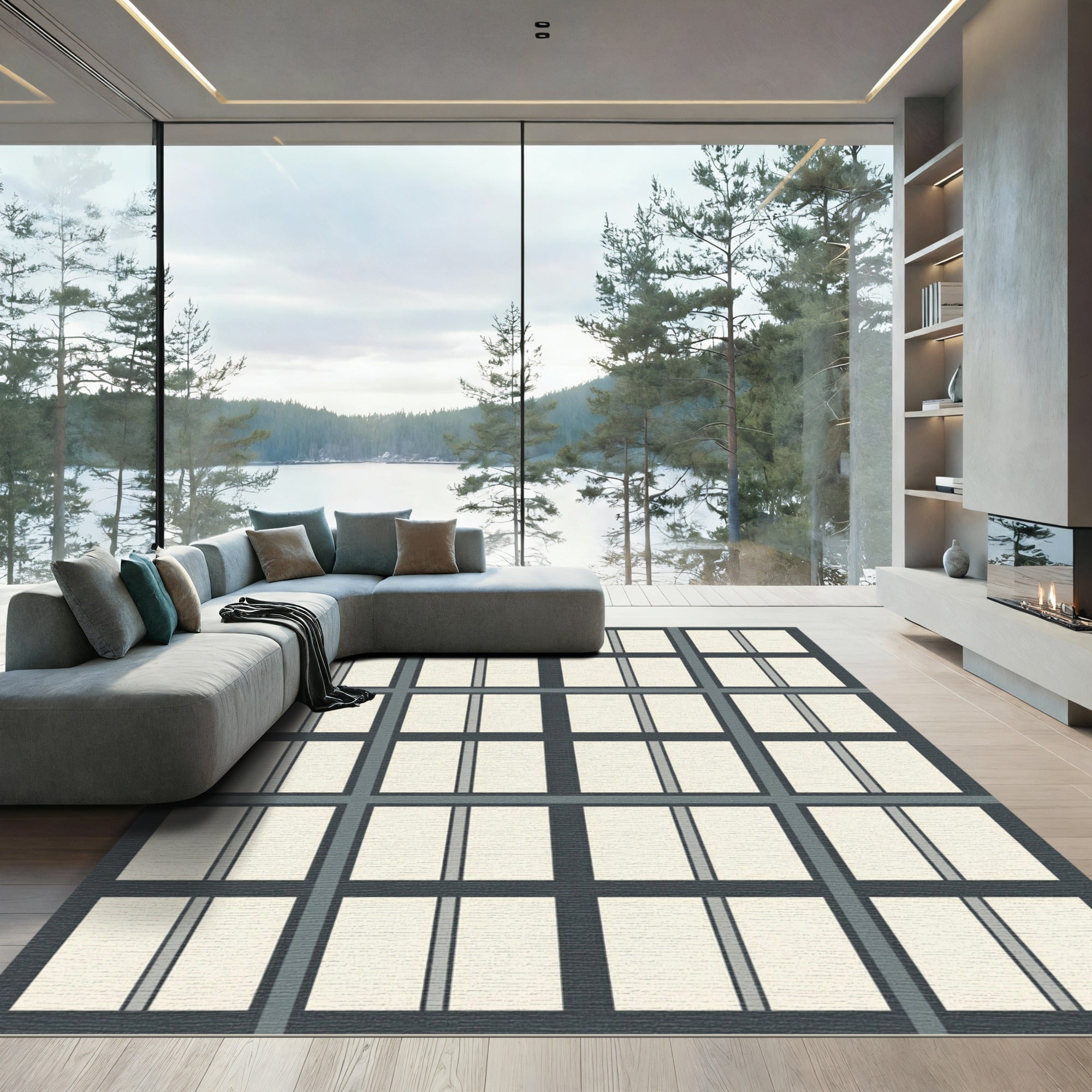 Grid Layout Cream Gray Composition Rug