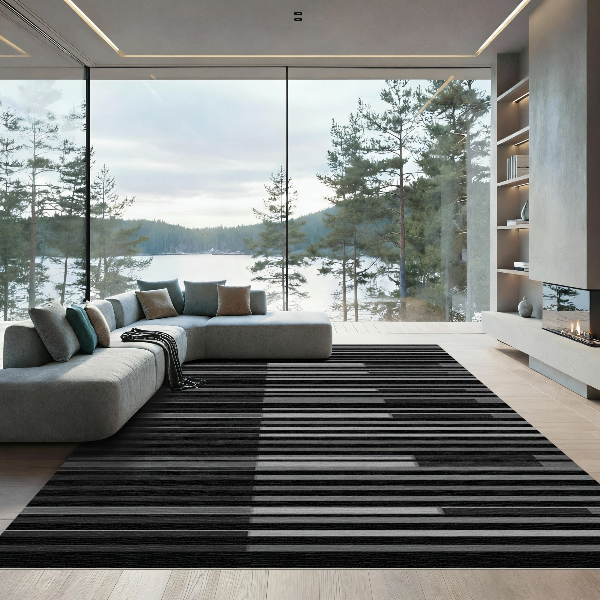 Minimalist Charcoal and Slate Striped Composition Rug