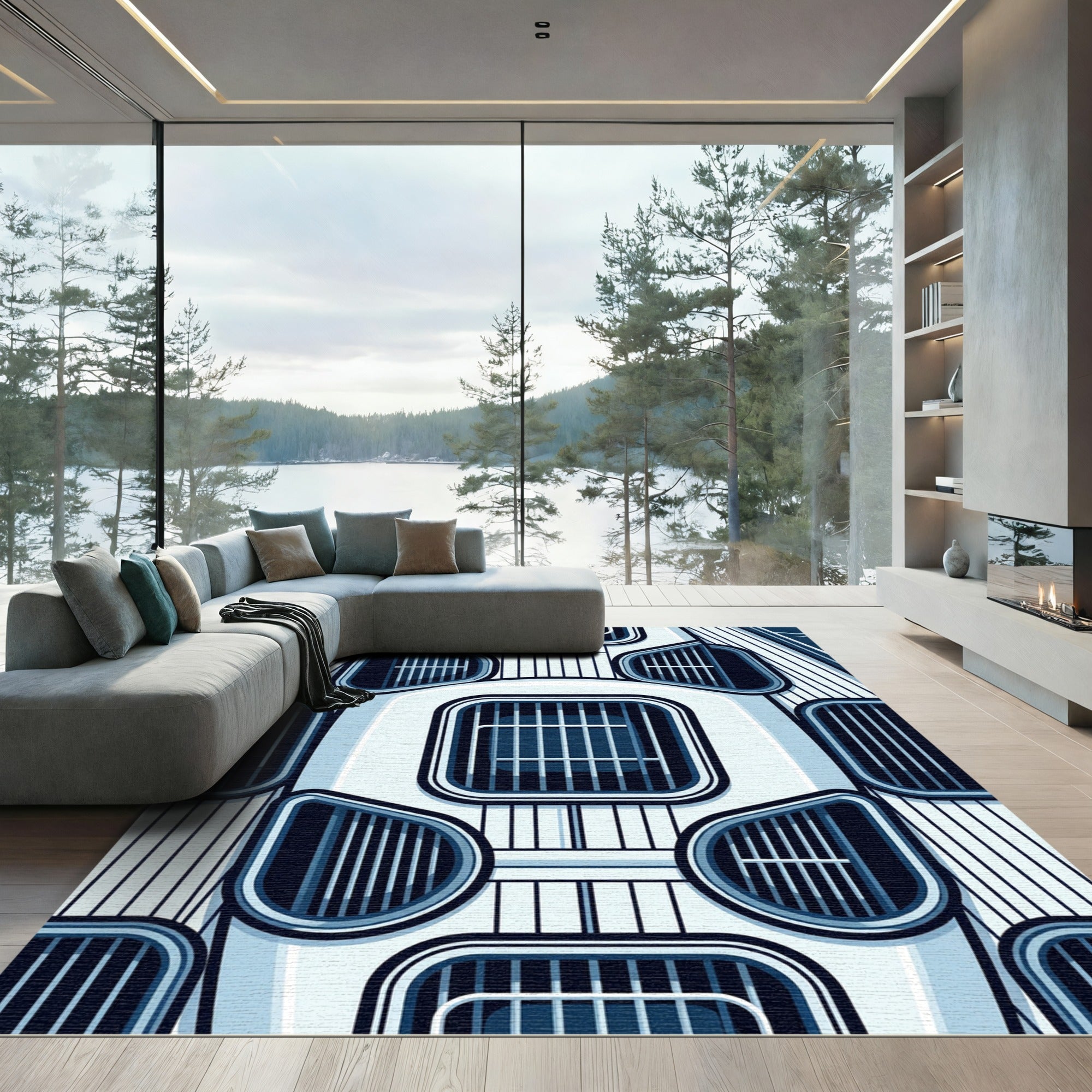 Modern Cobalt Geometric Architectural Grille Rug