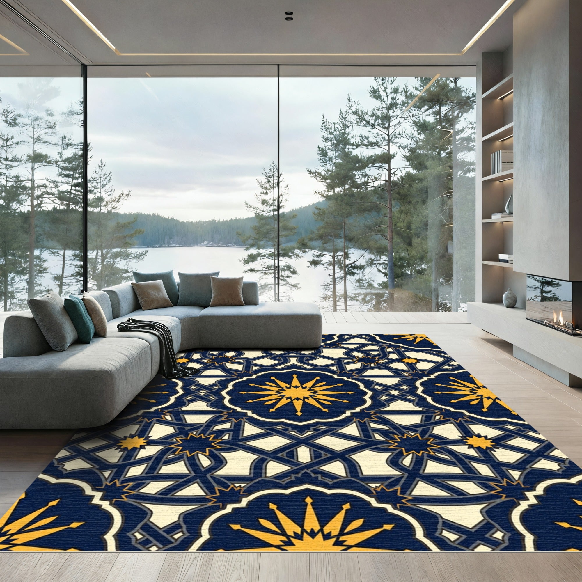 Navy Blue Geometric Star Medallion Rug