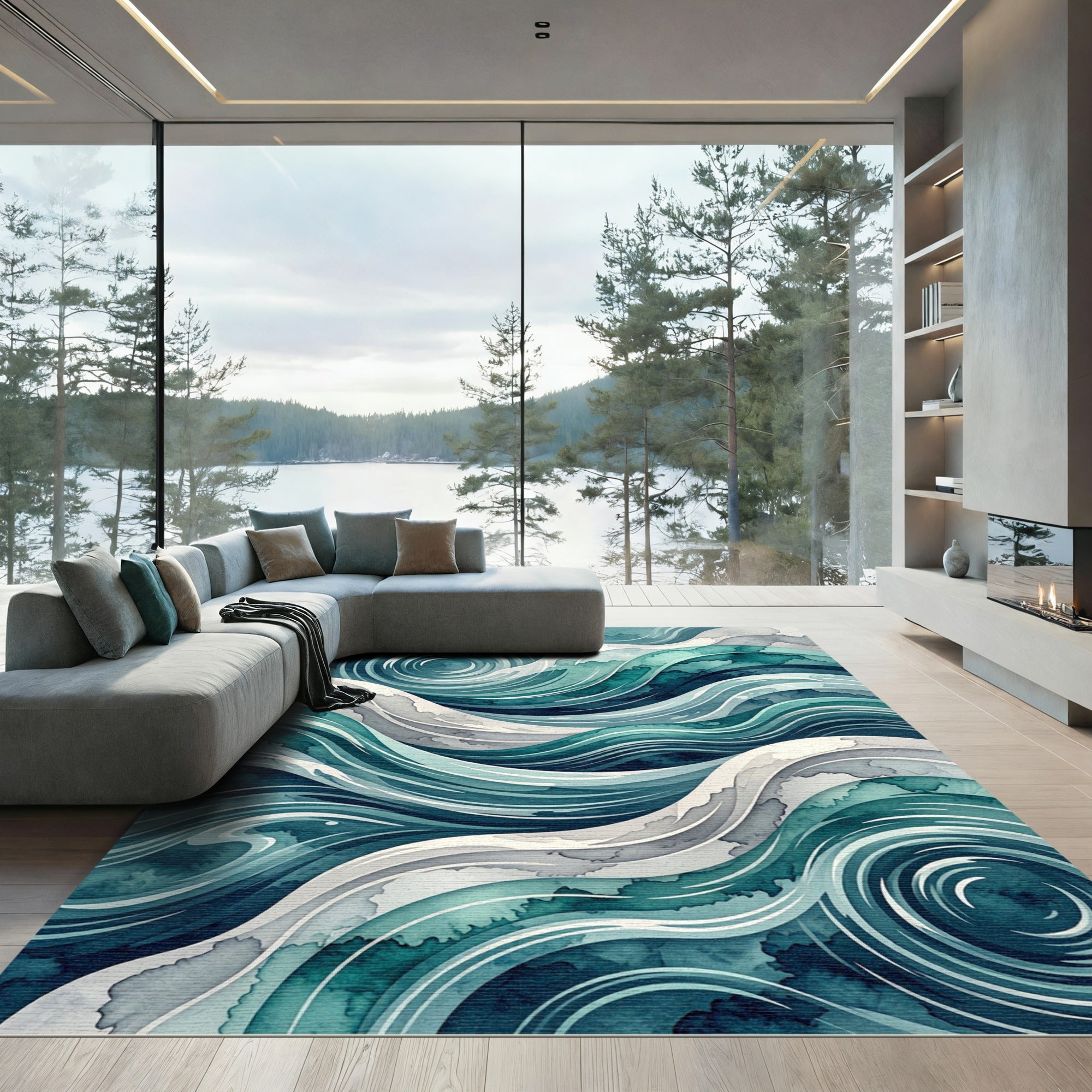 Deep Teal Swirling Water Abstract Rug