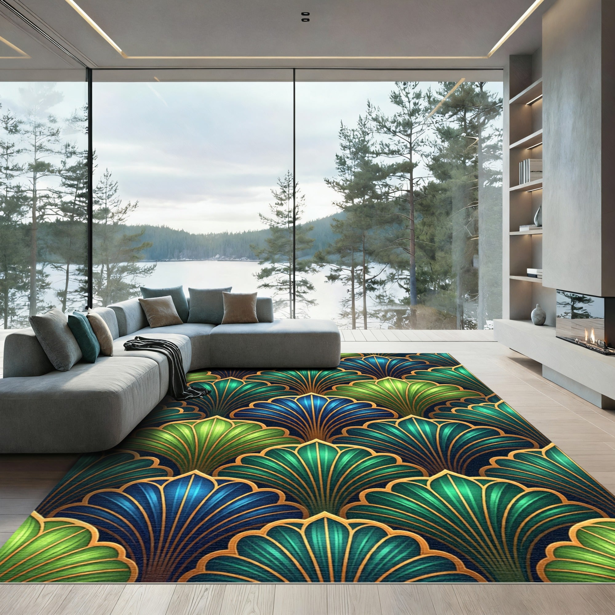 Emerald Teal Fan Art Deco Rug
