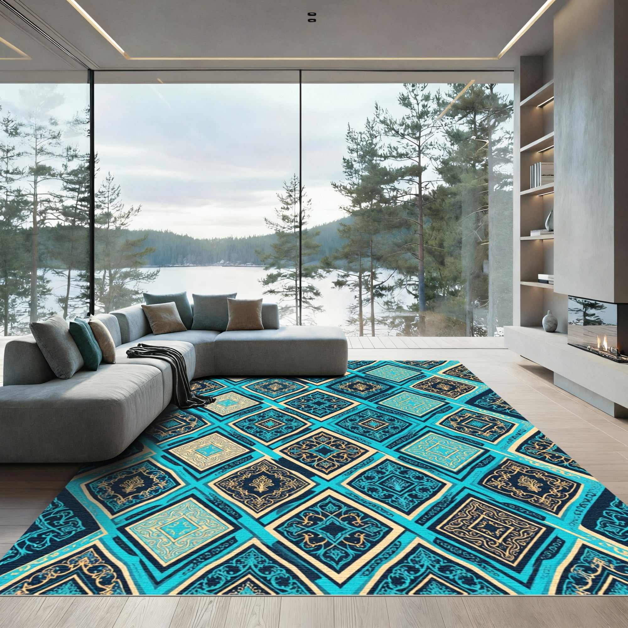 Geometric Blue and Gold Diamond Tile Rug