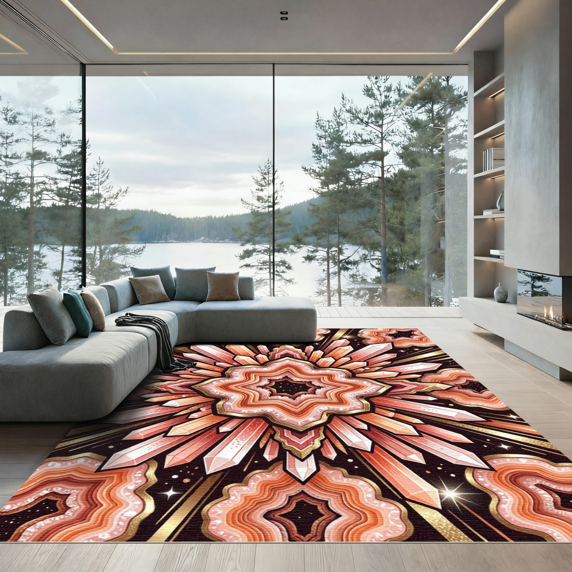 Radiant Coral Crystal Geode Burst Rug