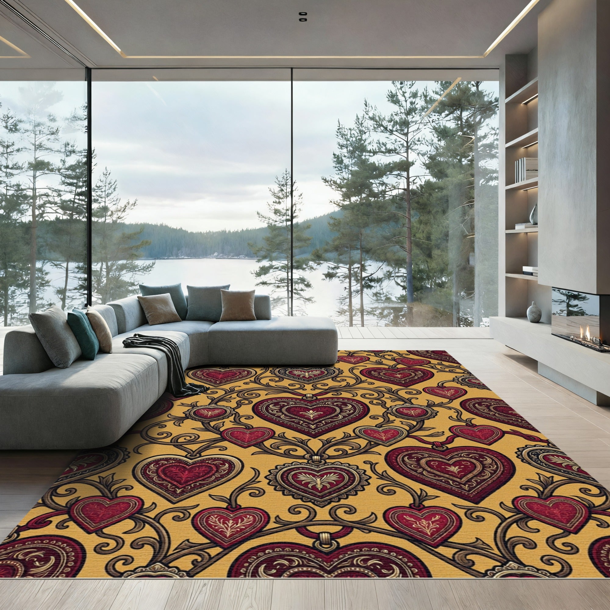 Ornate Golden Heart Filigree Rug