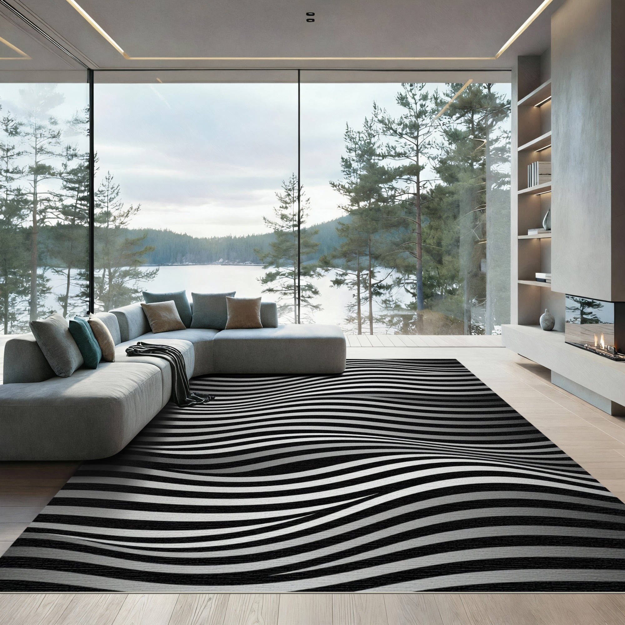 Monochromatic Wavy Black and White Lines Rug