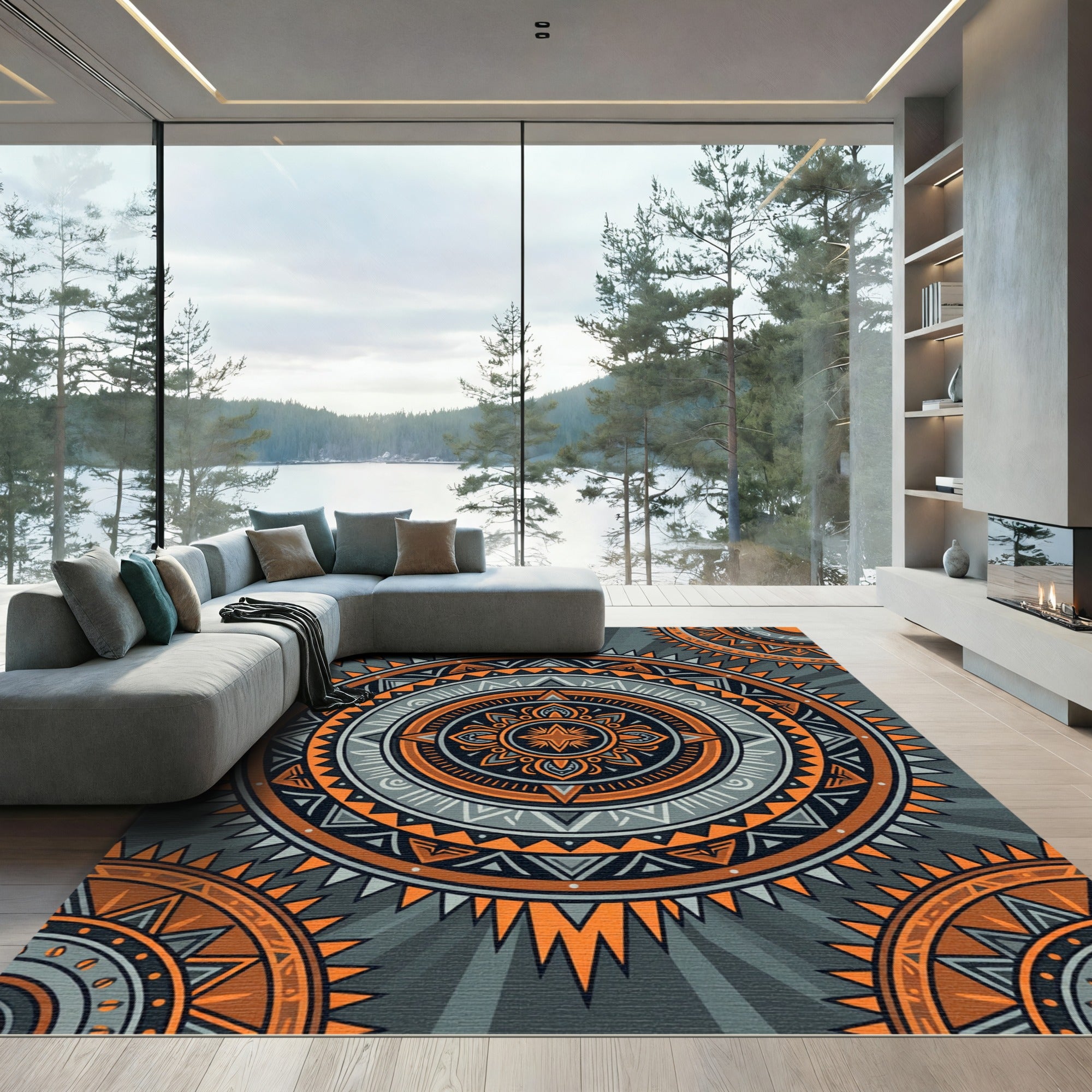 Geometric Orange Sunburst Mandala Rug