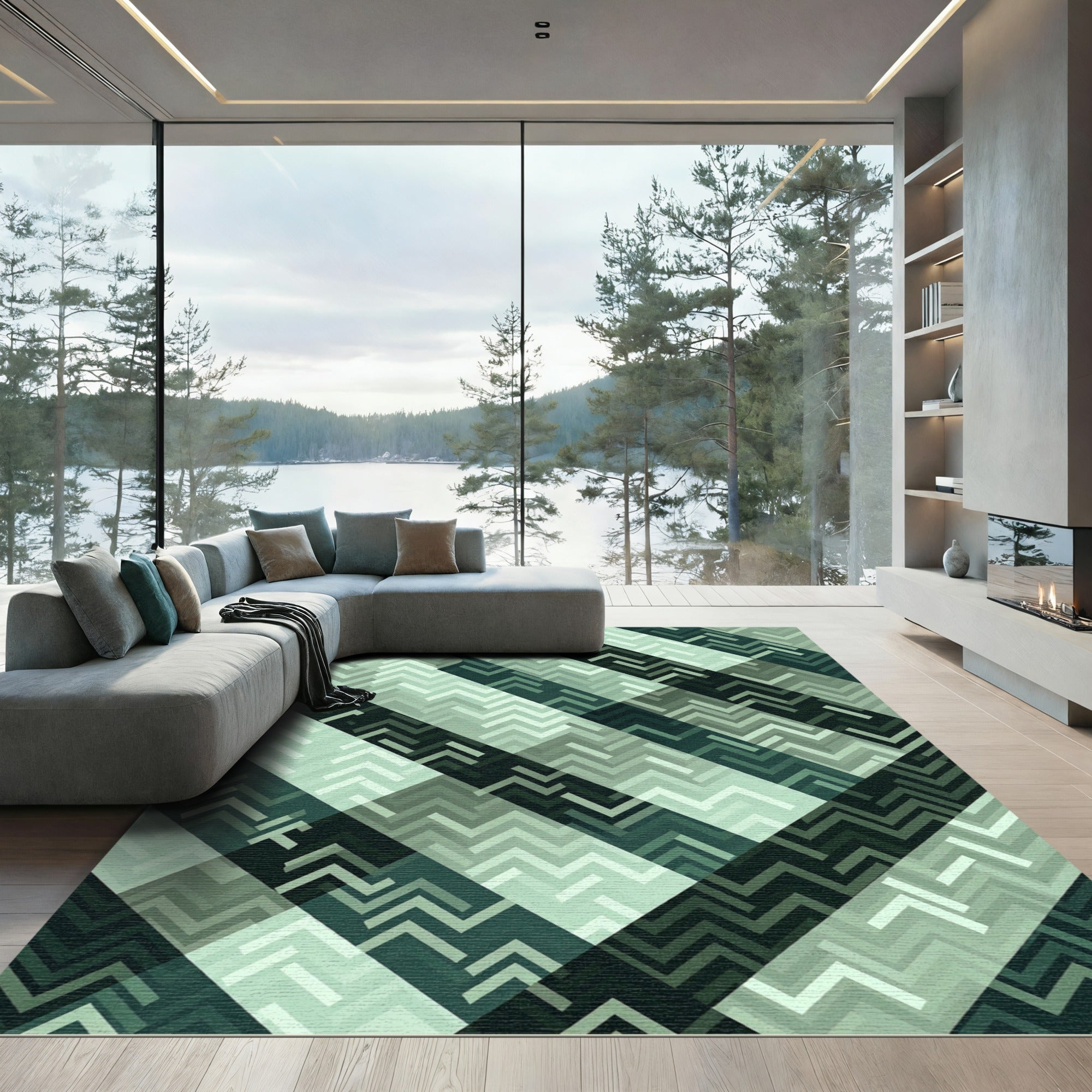 Gradient Teal Chevron Geometric Rug