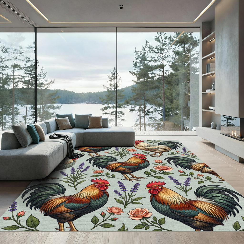 Vintage Country Rooster Lavender Rose Art Rug