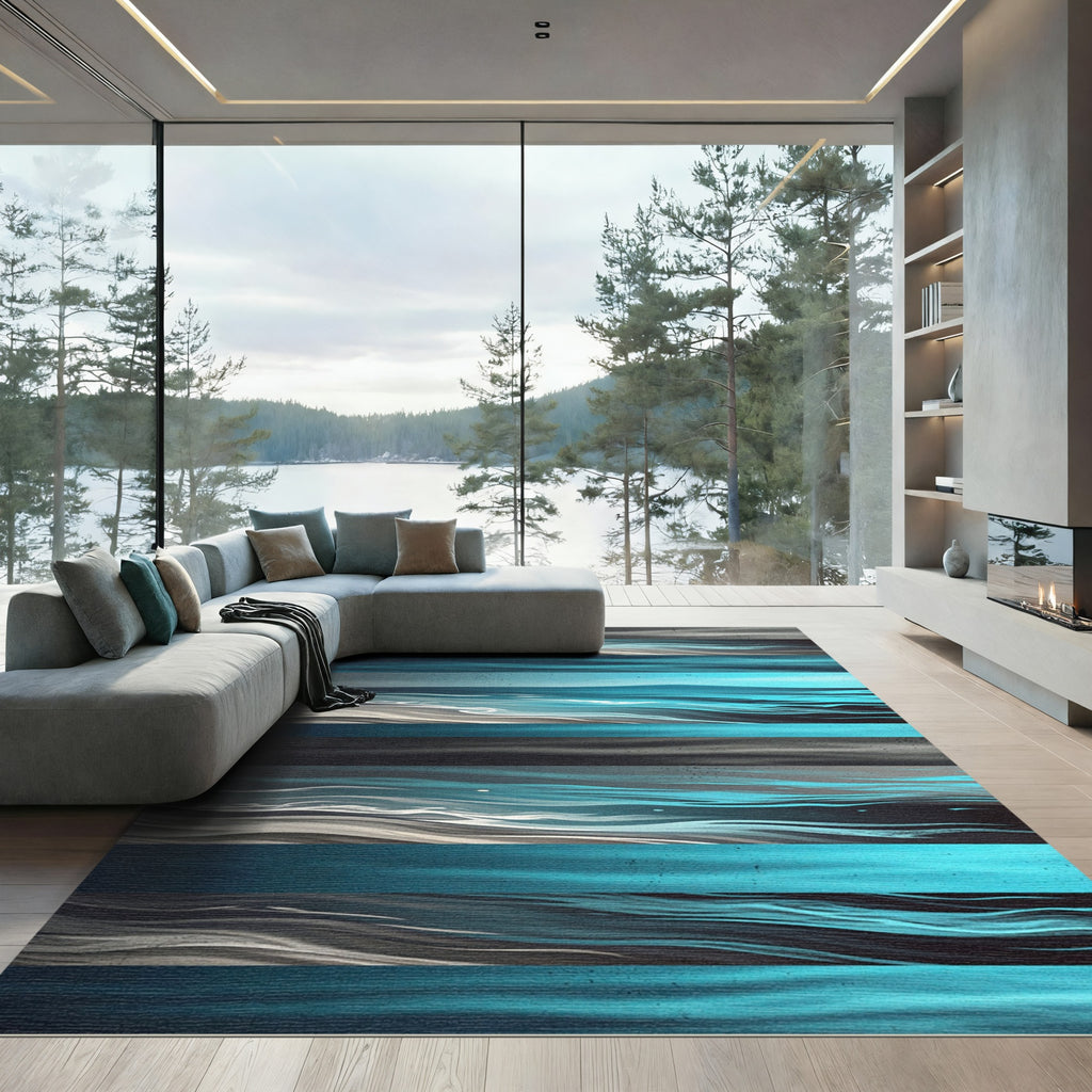 Luminous Teal and Charcoal Abstract Waves Rug