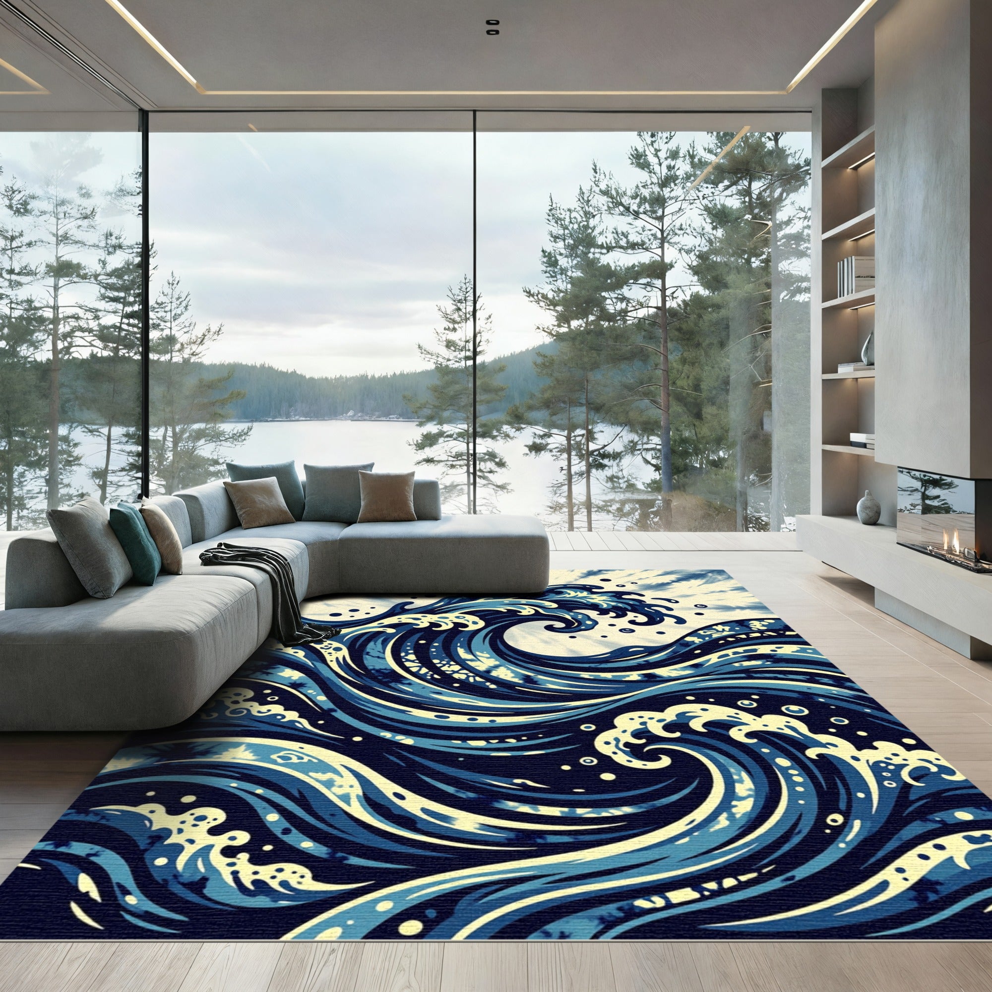 Indigo Wave Japanese Inspired Artistic Swirl Rug