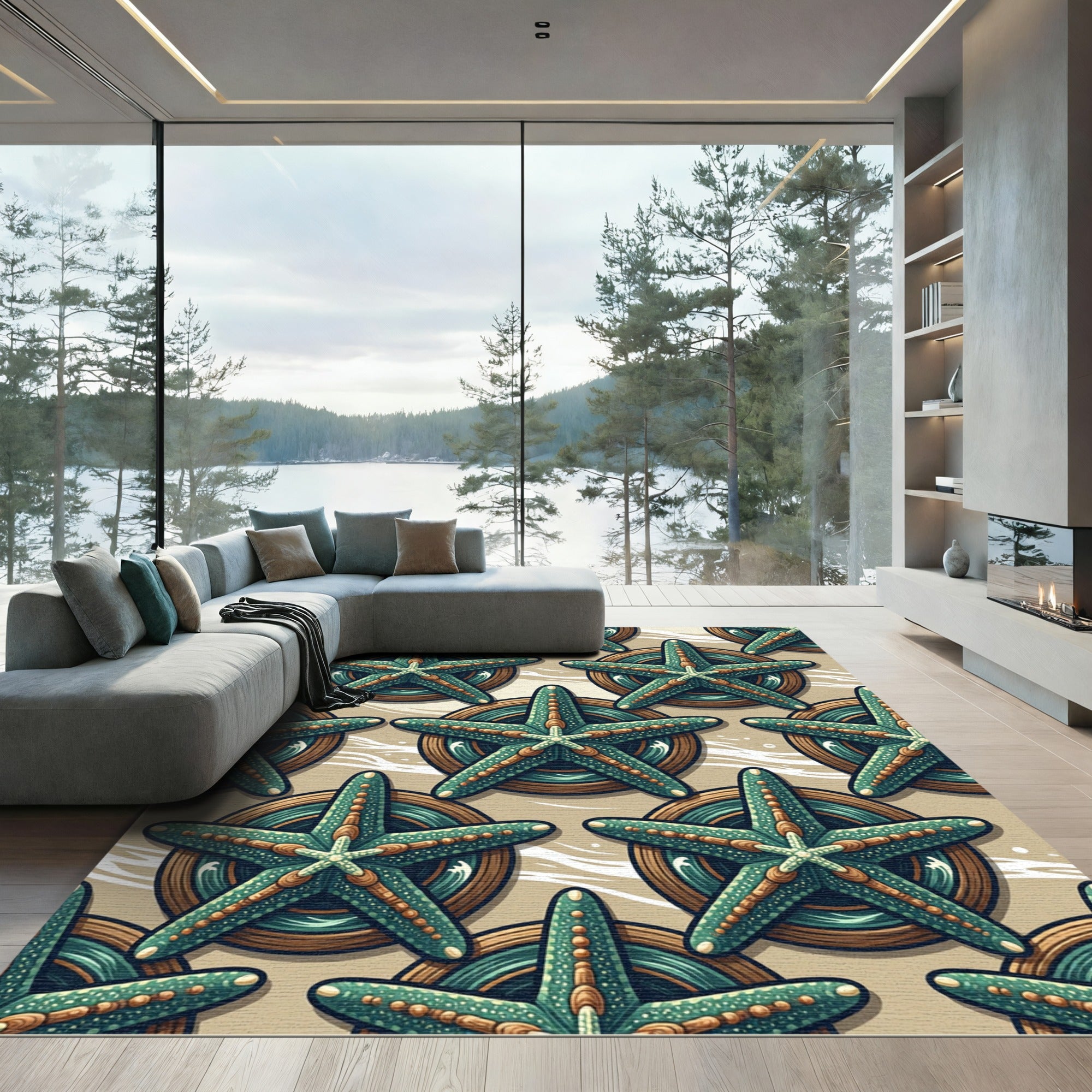 Teal Starfish Sea Coastal Art Rug