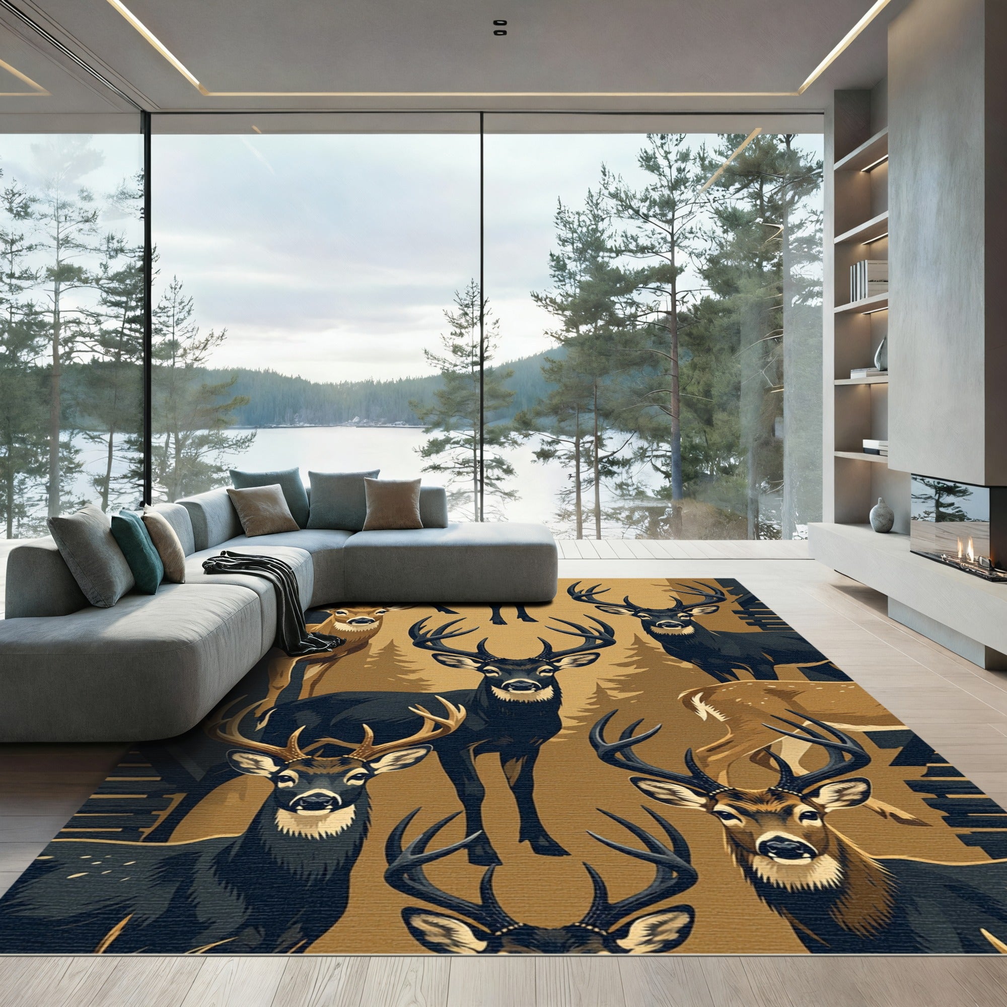Modern Forest Deer Amber Woodland Rug