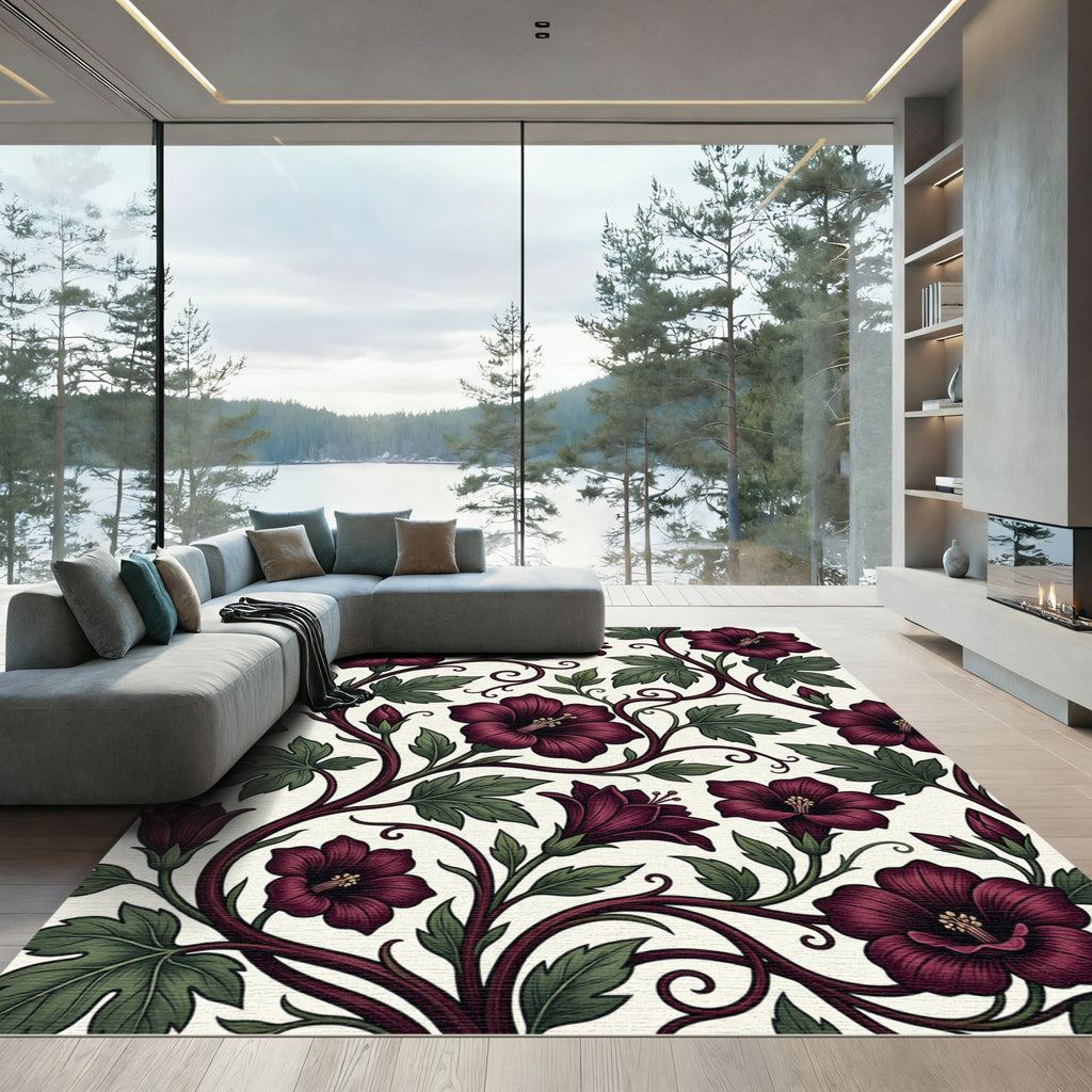Dark Burgundy Floral Botanical Vines Rug