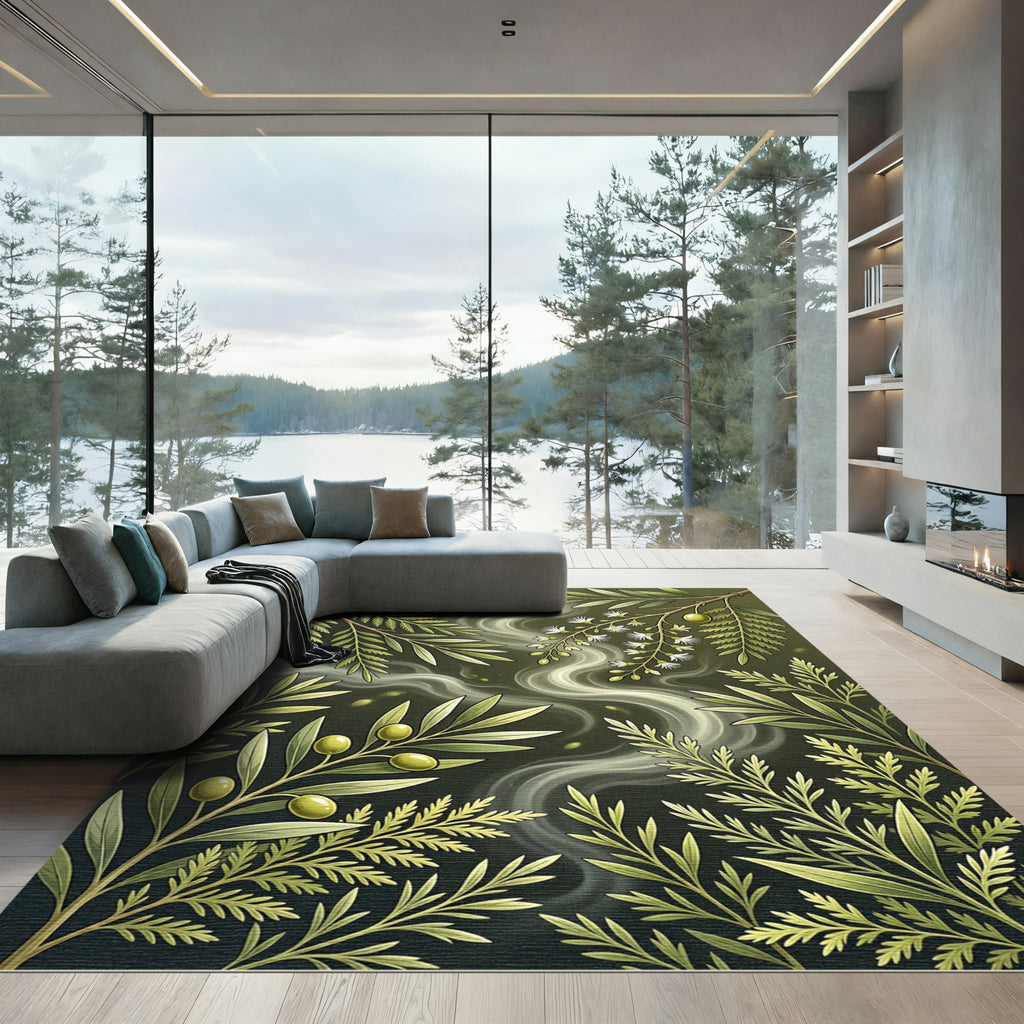 Earthy Sage Botanical Olive Branch Illustration Rug