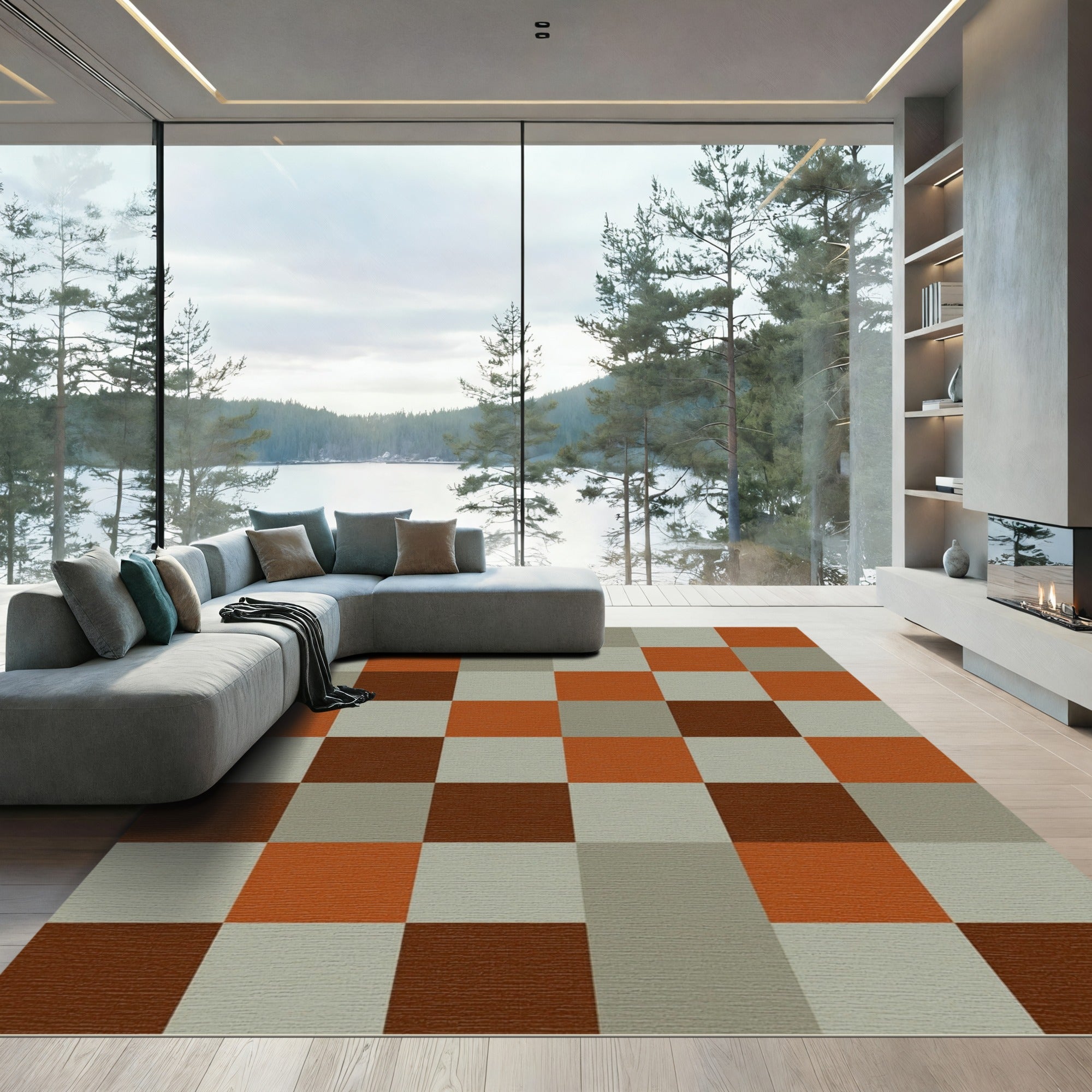 Modern Earthy Toned Checked Grid Area Rug