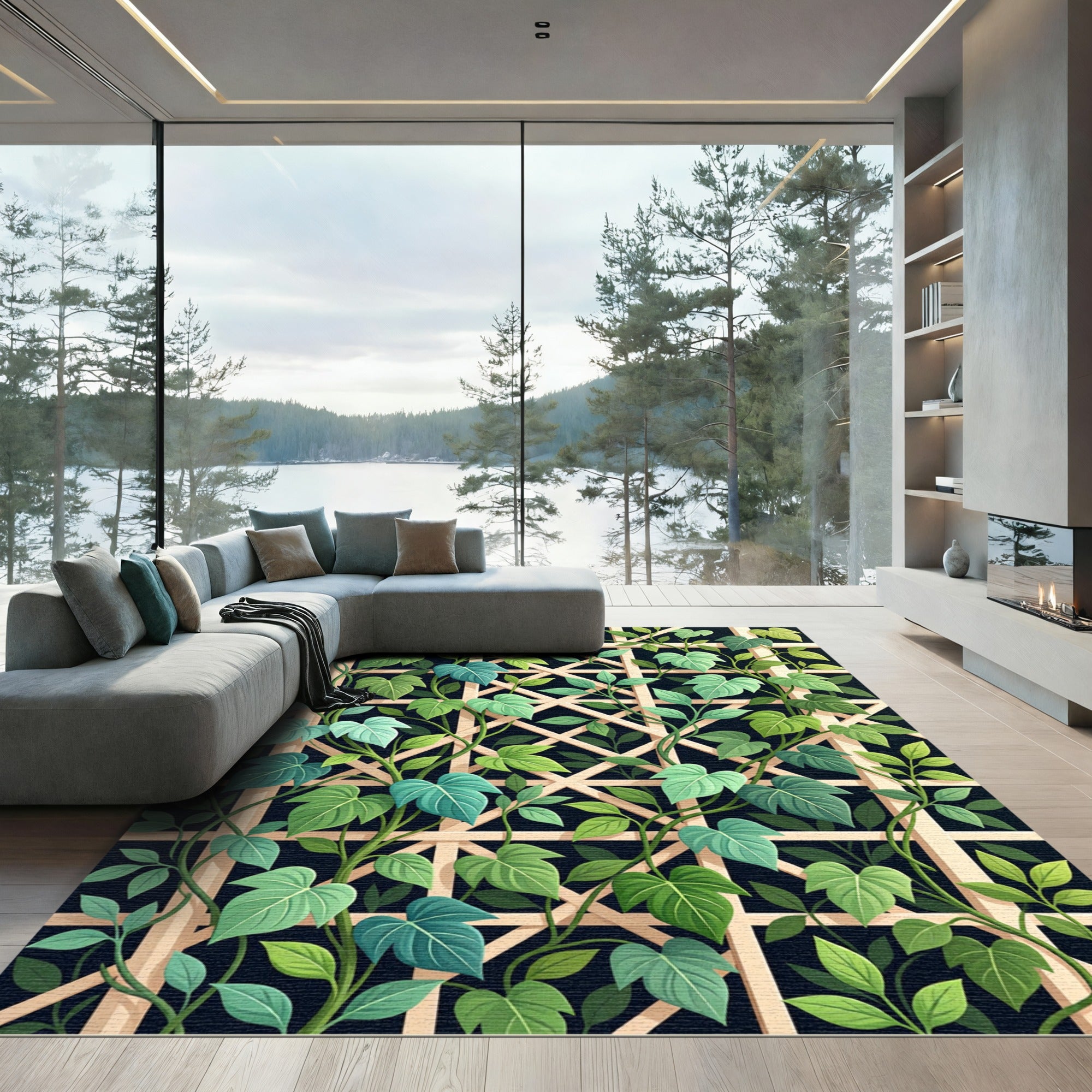 Lush Green Ivy Lattice Trellis Rug