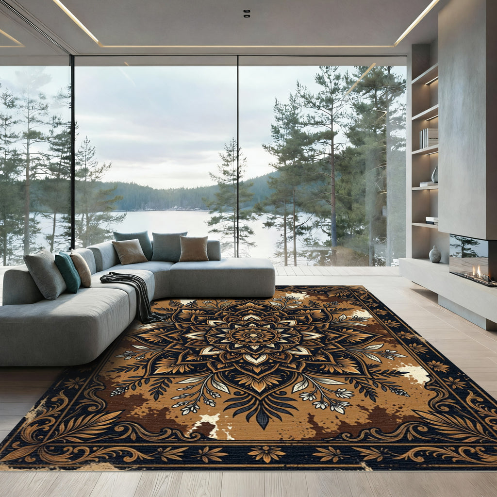 Elegant Earthy Tone Black Floral Medallion Rug