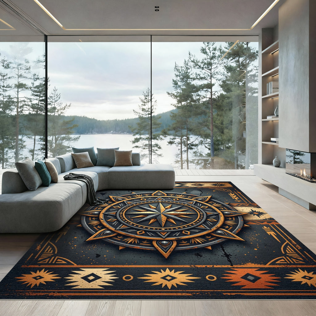 Golden Sun Compass Celestial Slate Art Rug