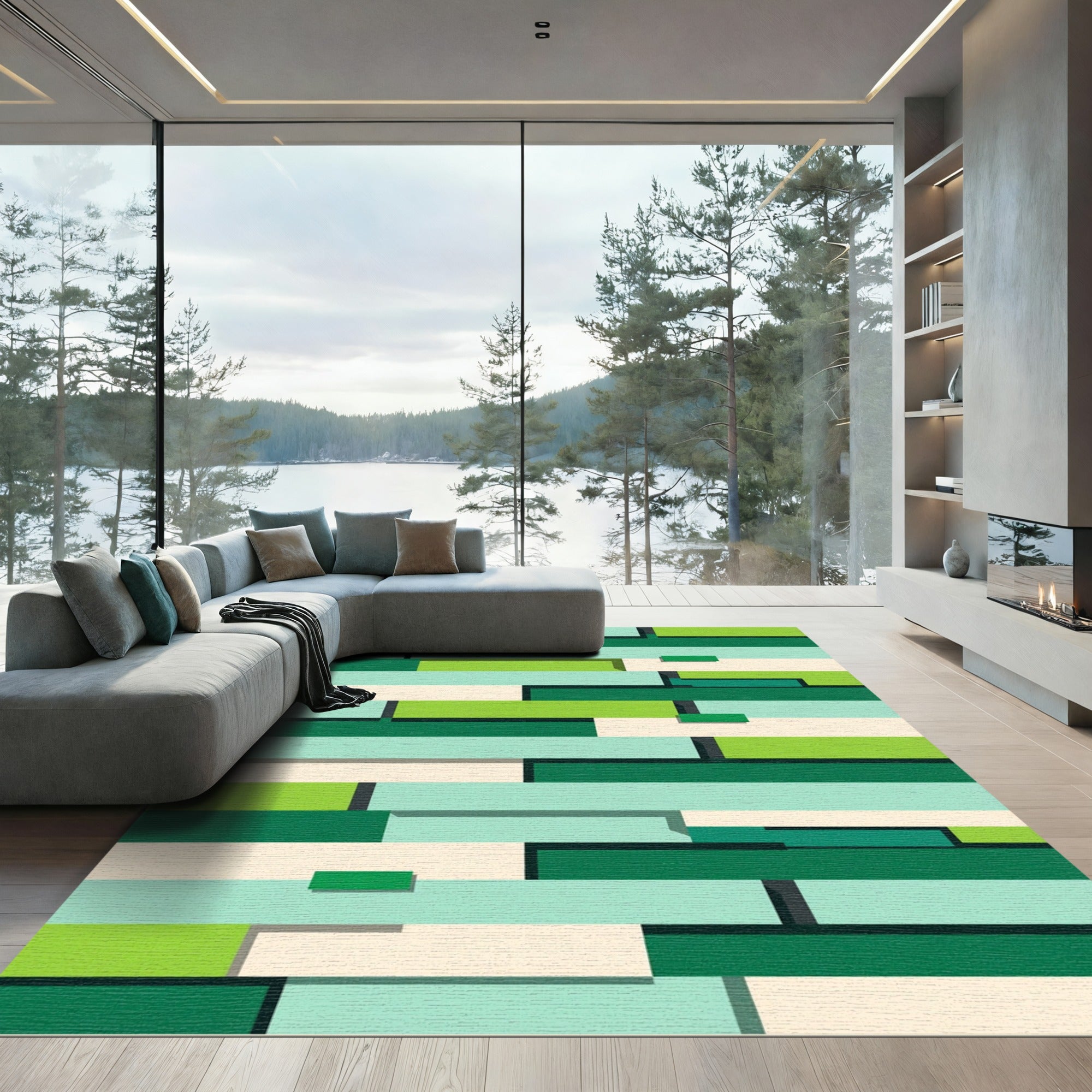 Modern Mint Green Geometric Block Rug