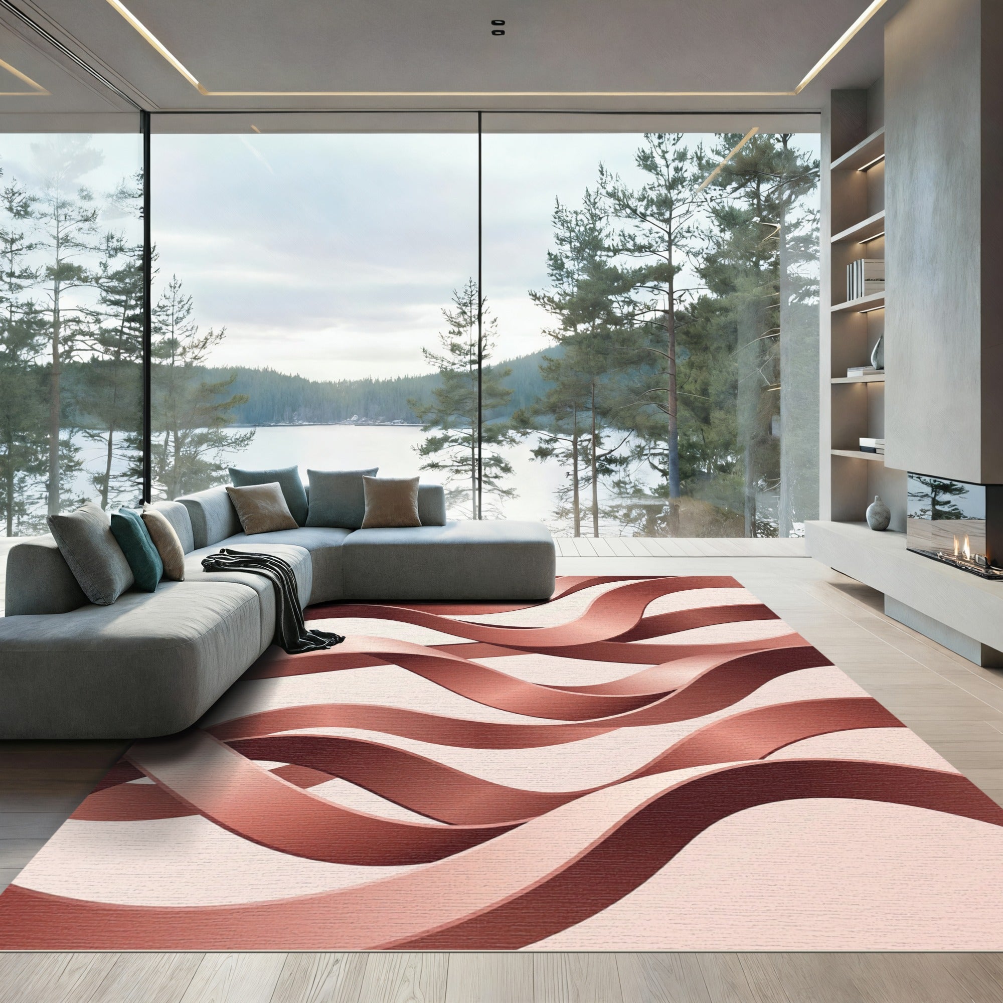 Rose Gold Wavy Ribbon Abstract Rug
