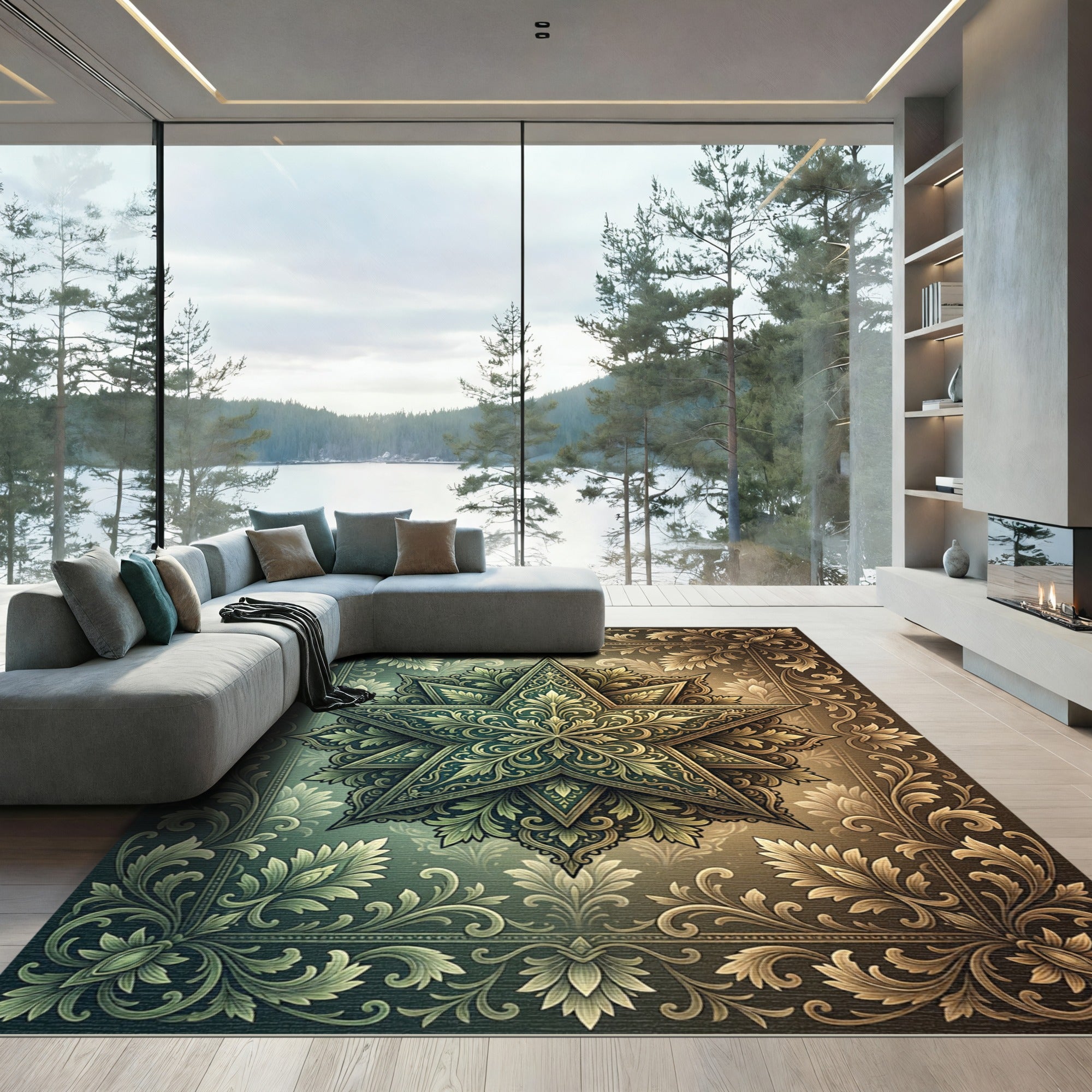 Ornate Gold Starburst Damask Foliage Rug