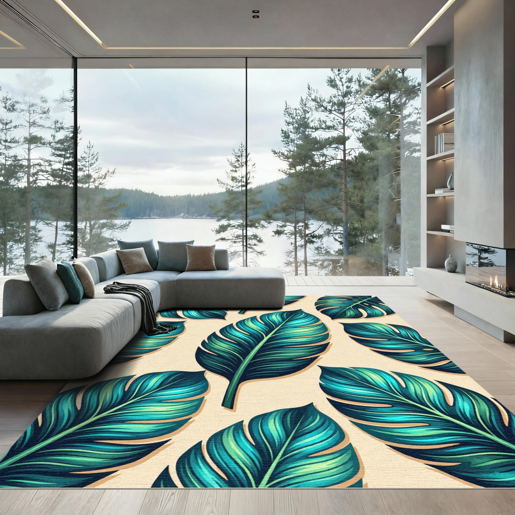 Lush Emerald Teal Tropical Foliage Rug