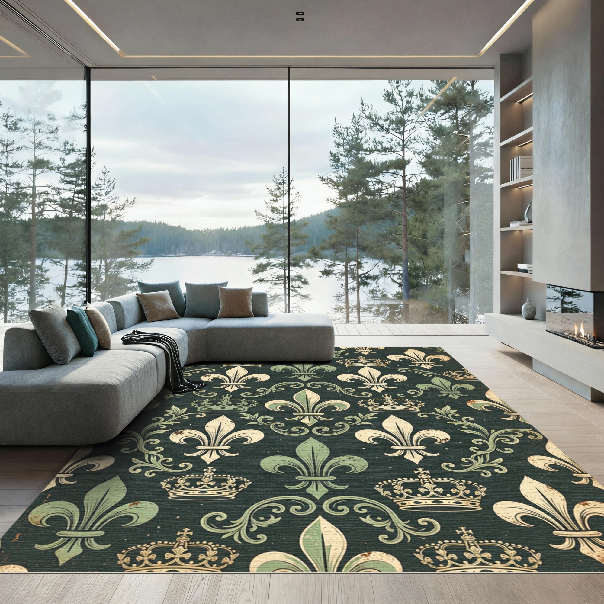 Regal Green Fleur-de-lis Royal Crown Wallpaper Rug