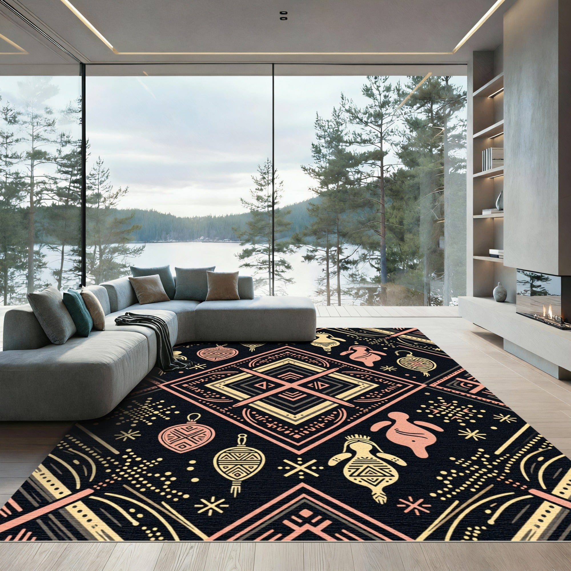 Tribal Geometric Figures Cream Coral Rug