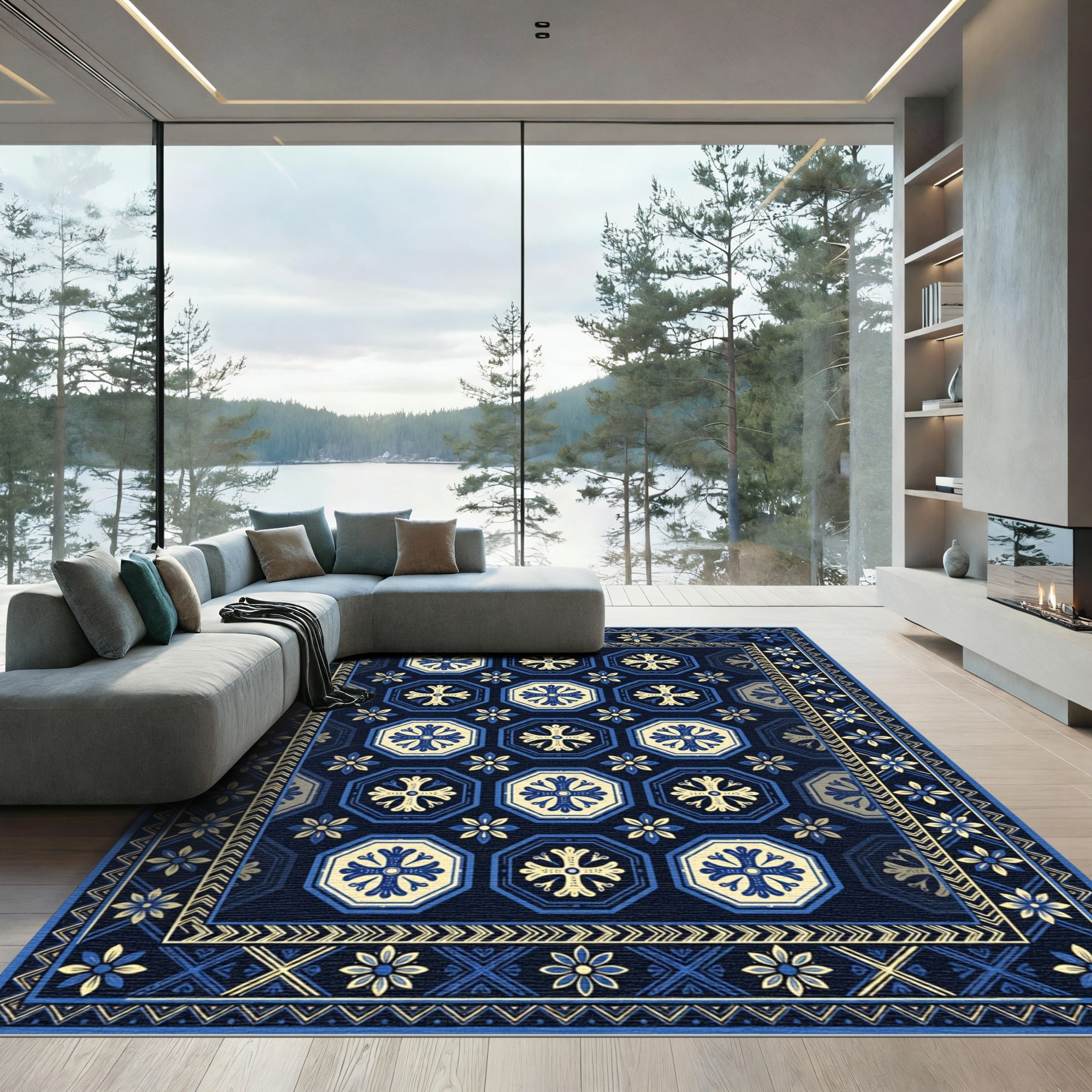 Elegant Navy and Gold Octagon Tile Rug