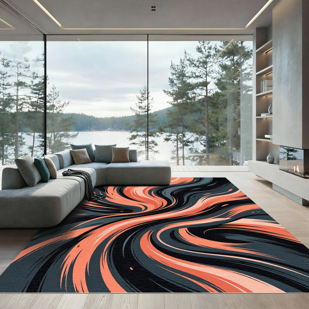 Modern Flowing Coral and Charcoal Abstract Wave Rug