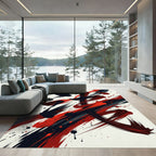 Bold Red and Black Abstract Brushstroke Rug