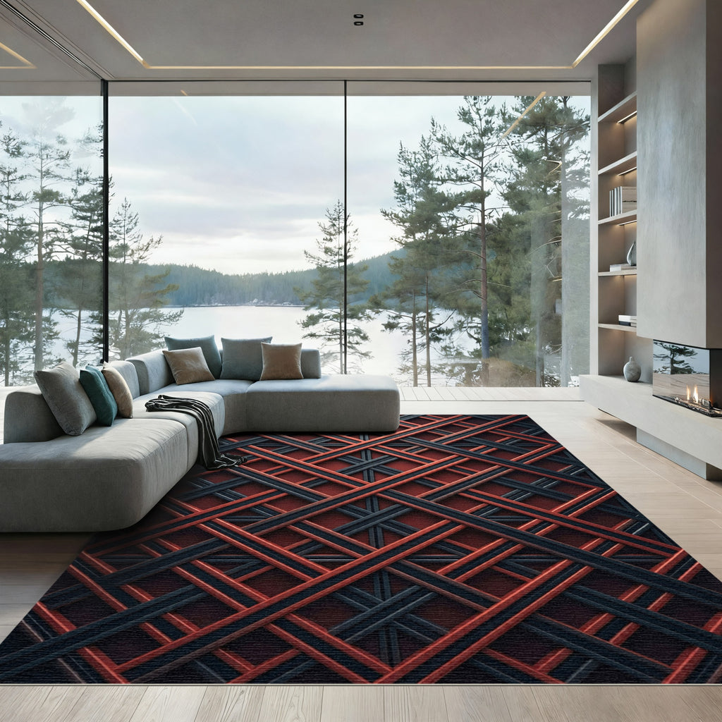 Rustic Crimson and Charcoal Geometric Grid Rug