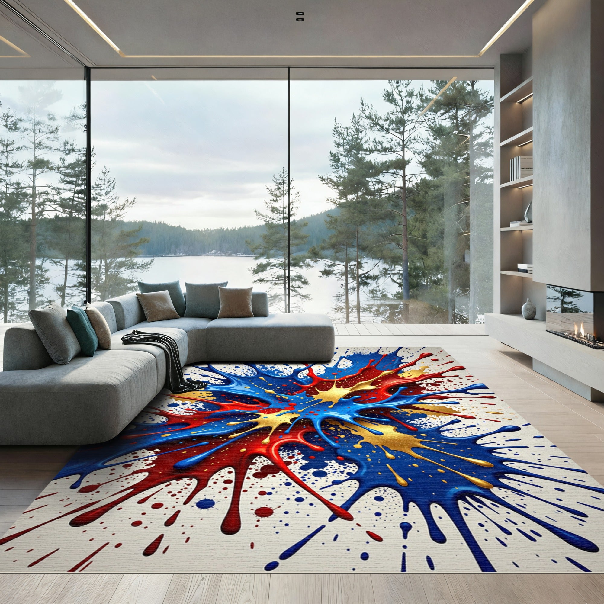Vibrant Splash Red Blue Gold Splatter Rug