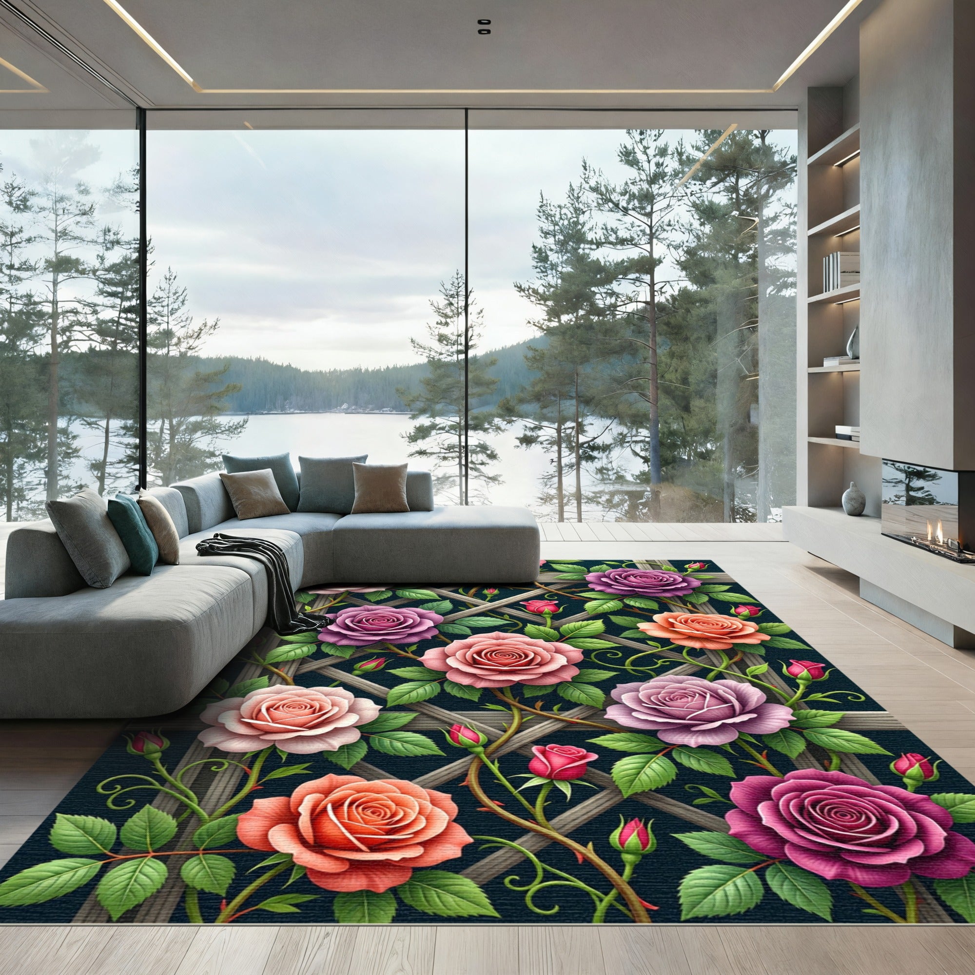Vibrant Lattice Garden Multi Colored Roses Rug
